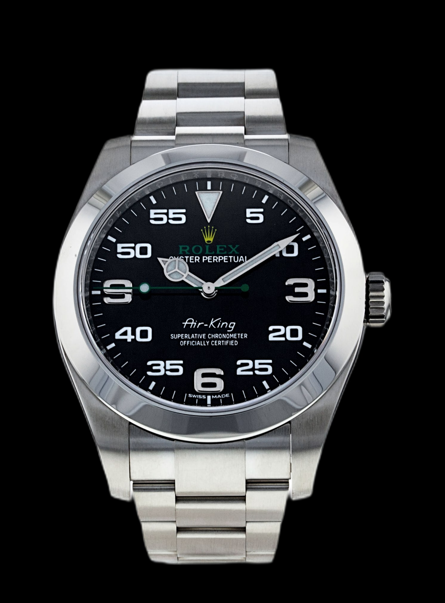 2019 Rolex Airking 116900 Mens Black Dial Oyster Bracelet White Card: 2019 Rolex Airking 116900 Mens Black Dial Oyster Bracelet White Card This Rolex Airking features a black dial and a smooth bezel, complemented by an Oyster bracelet. It is a men's watch, reference num