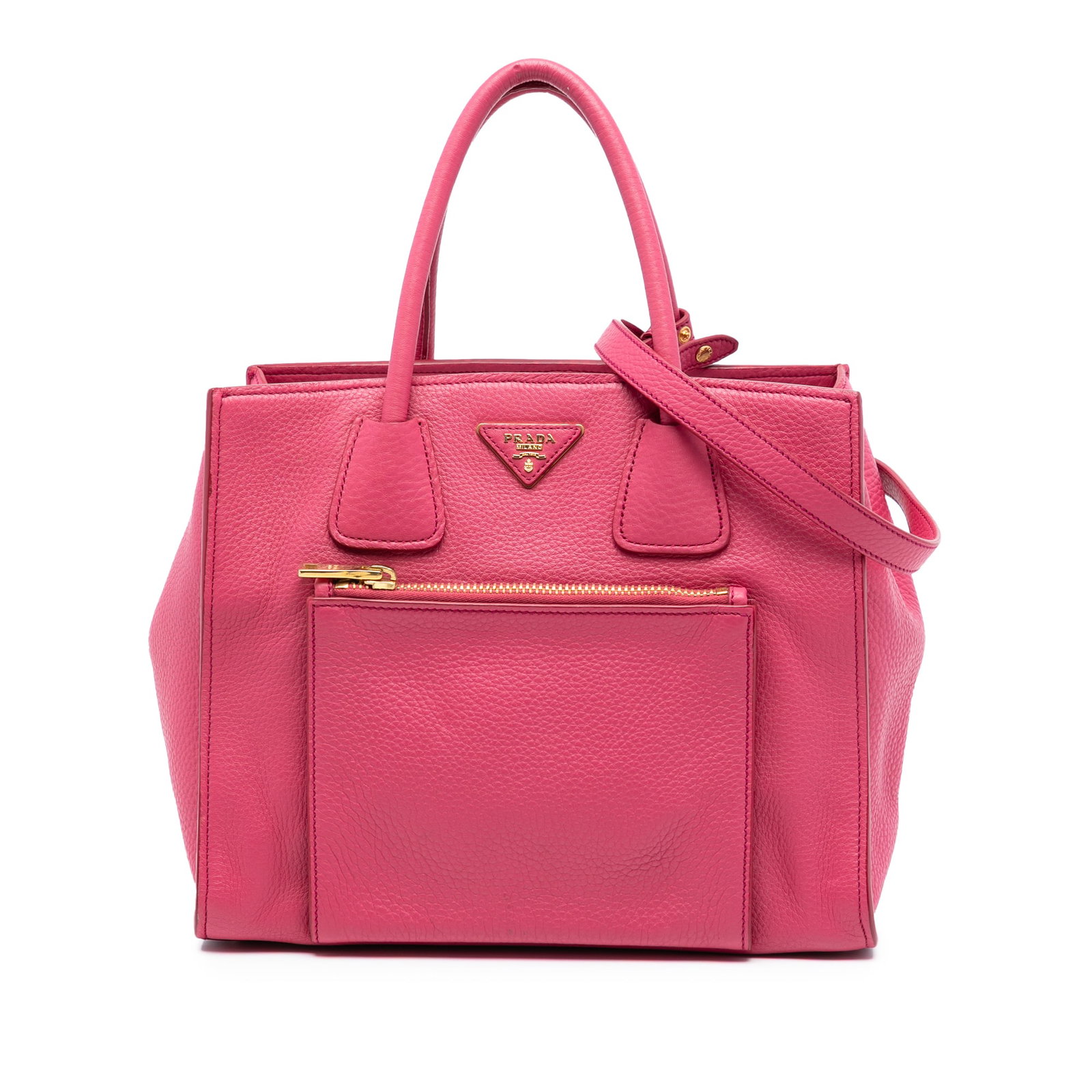 Prada Vitello Daino Pink Leather Convertible Tote with Front Zip Pocket: Prada Vitello Daino Pink Leather Convertible Tote with Front Zip Pocket This Prada Vitello Daino Front Pocket Open Convertible Tote is crafted from pink leather and features rolled leather handles, a 