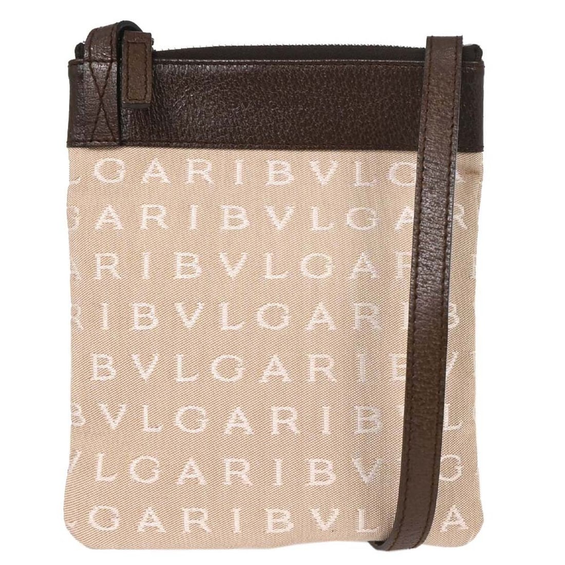 Bvlgari Beige Canvas Shoulder Bag with Leather Trim: Bvlgari Beige Canvas Shoulder Bag with Leather Trim This pre-owned Bvlgari Logomania shoulder bag for women features beige canvas material with leather details. It is compact and stylish, suitable for