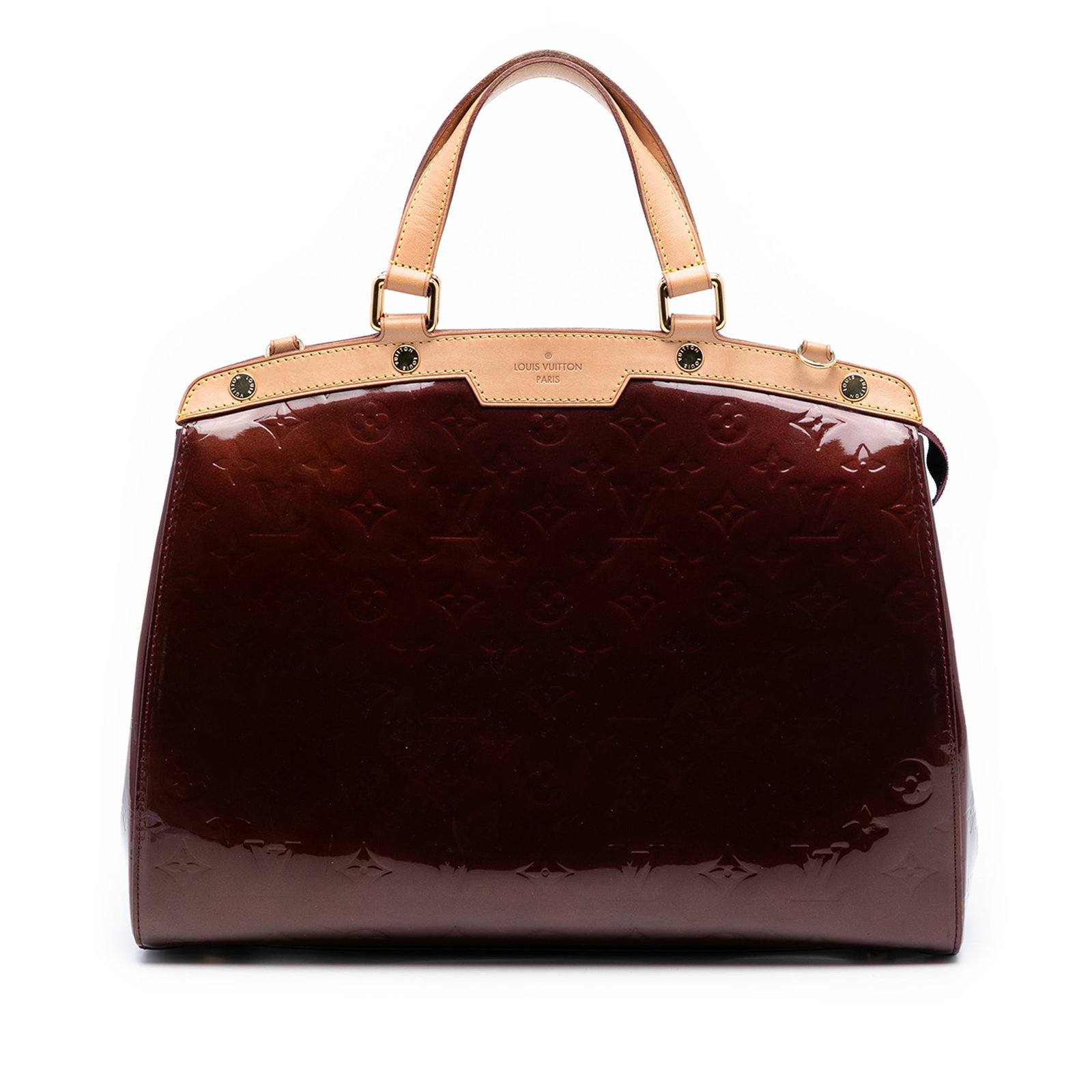 Red Vernis Leather Brea GM Satchel by Louis Vuitton with Vachetta Trim: Red Vernis Leather Brea GM Satchel by Louis Vuitton with Vachetta Trim This Louis Vuitton Monogram Vernis Brea GM features a vernis leather body with vachetta leather trim and flat vachetta leather ha