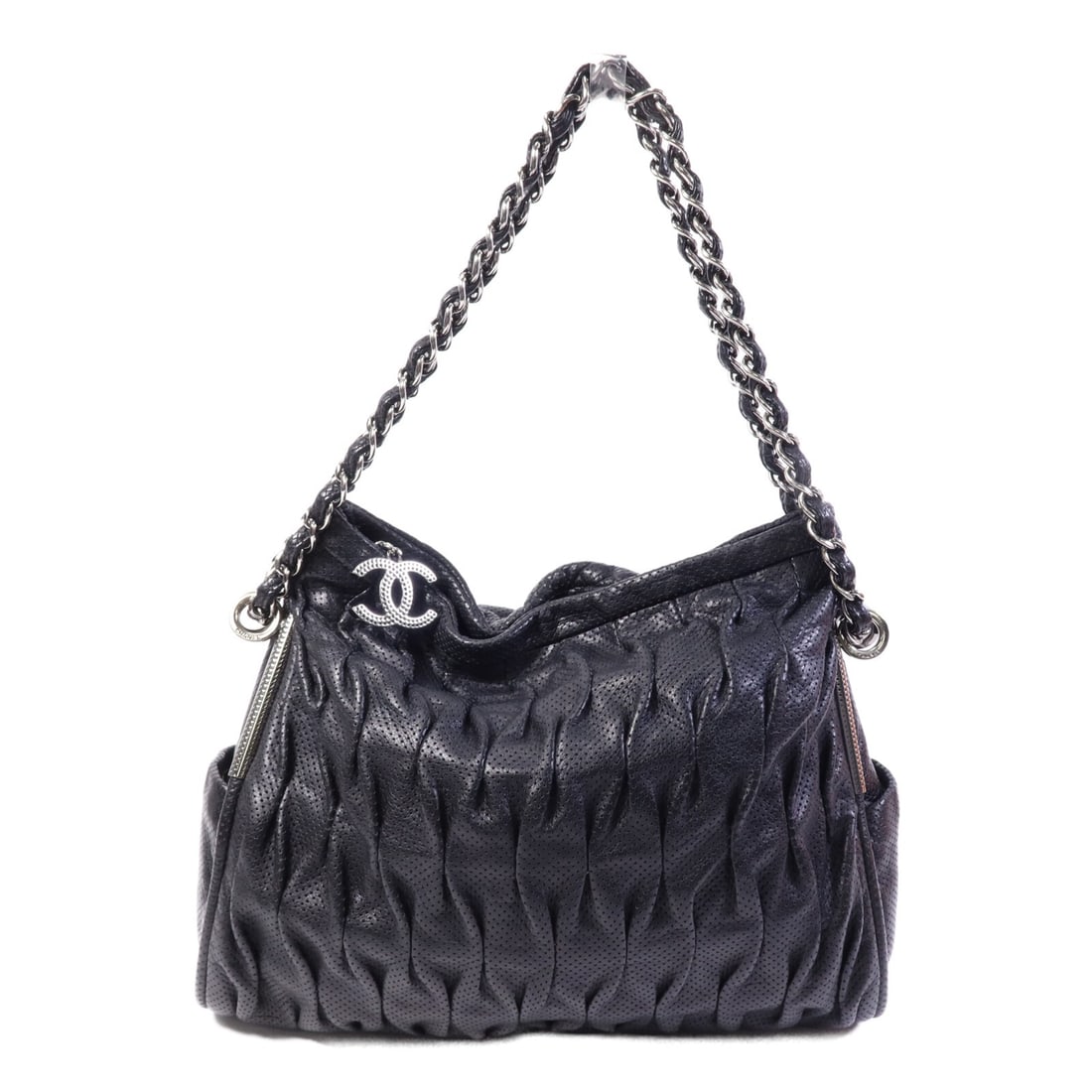 Chanel Navy Calfskin Leather Shoulder Bag with Silver Tone CC Chain (1 of 15)