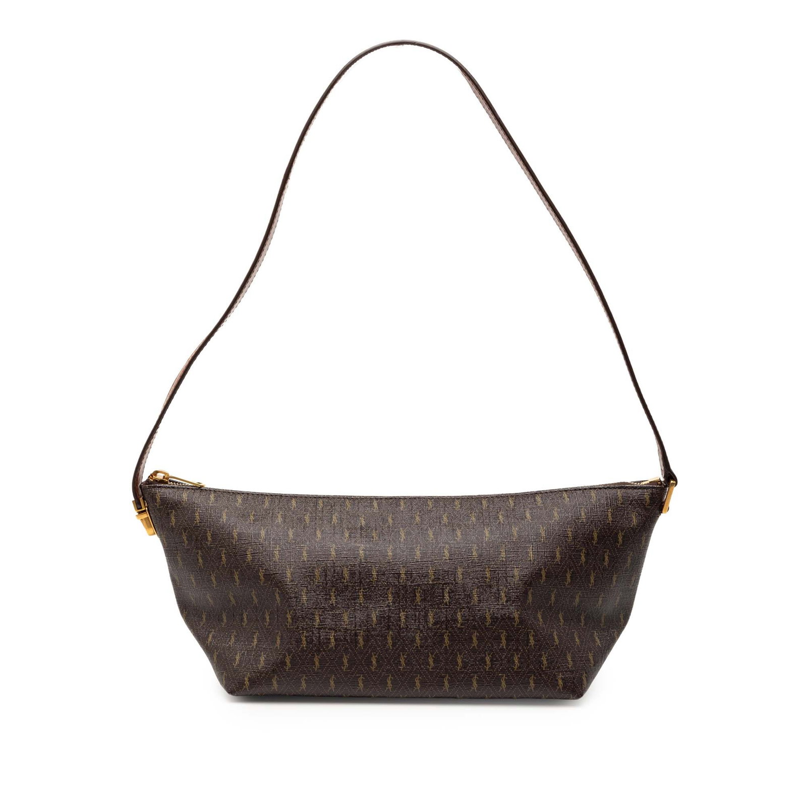 Le Monogramme Shoulder Bag in Brown Coated Canvas by Saint Laurent: Le Monogramme Shoulder Bag in Brown Coated Canvas by Saint Laurent This Saint Laurent Le Monogramme shoulder bag is crafted from coated canvas with a flat leather strap. It features a top zip closure 