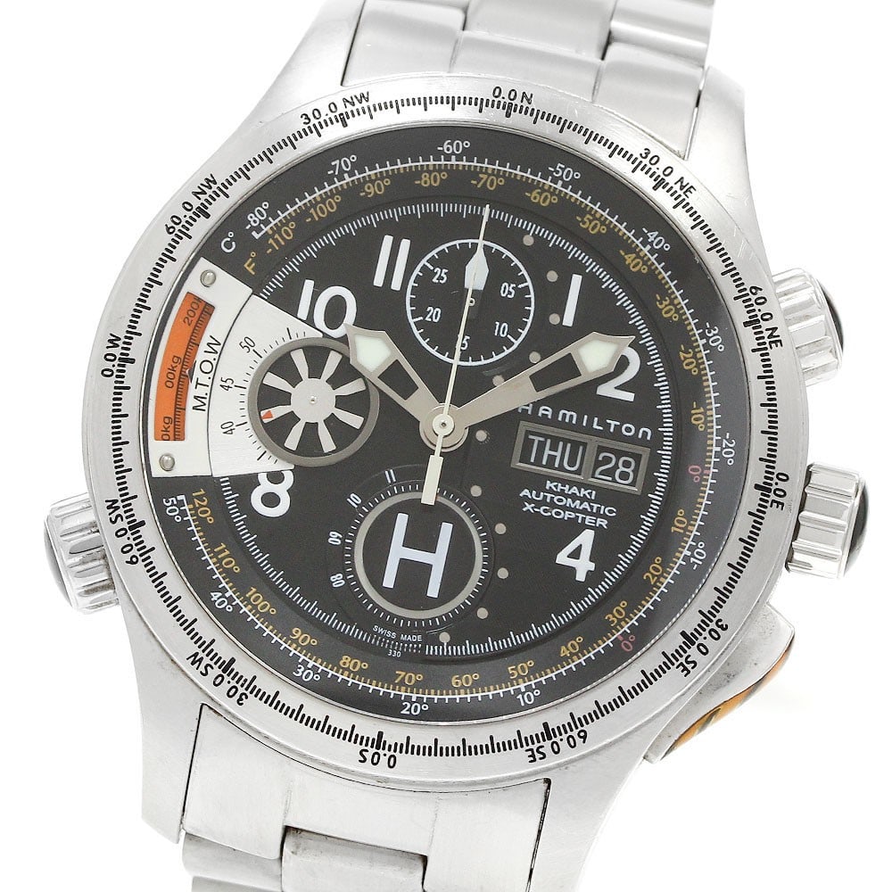 Hamilton Khaki X-Copter Automatic Men's Chronograph Day-Date Watch: Hamilton Khaki X-Copter Automatic Men's Chronograph Day-Date Watch This Hamilton Khaki X-Copter Day-Date Chronograph men's wristwatch features a stainless steel case and bracelet with a black dial. Th