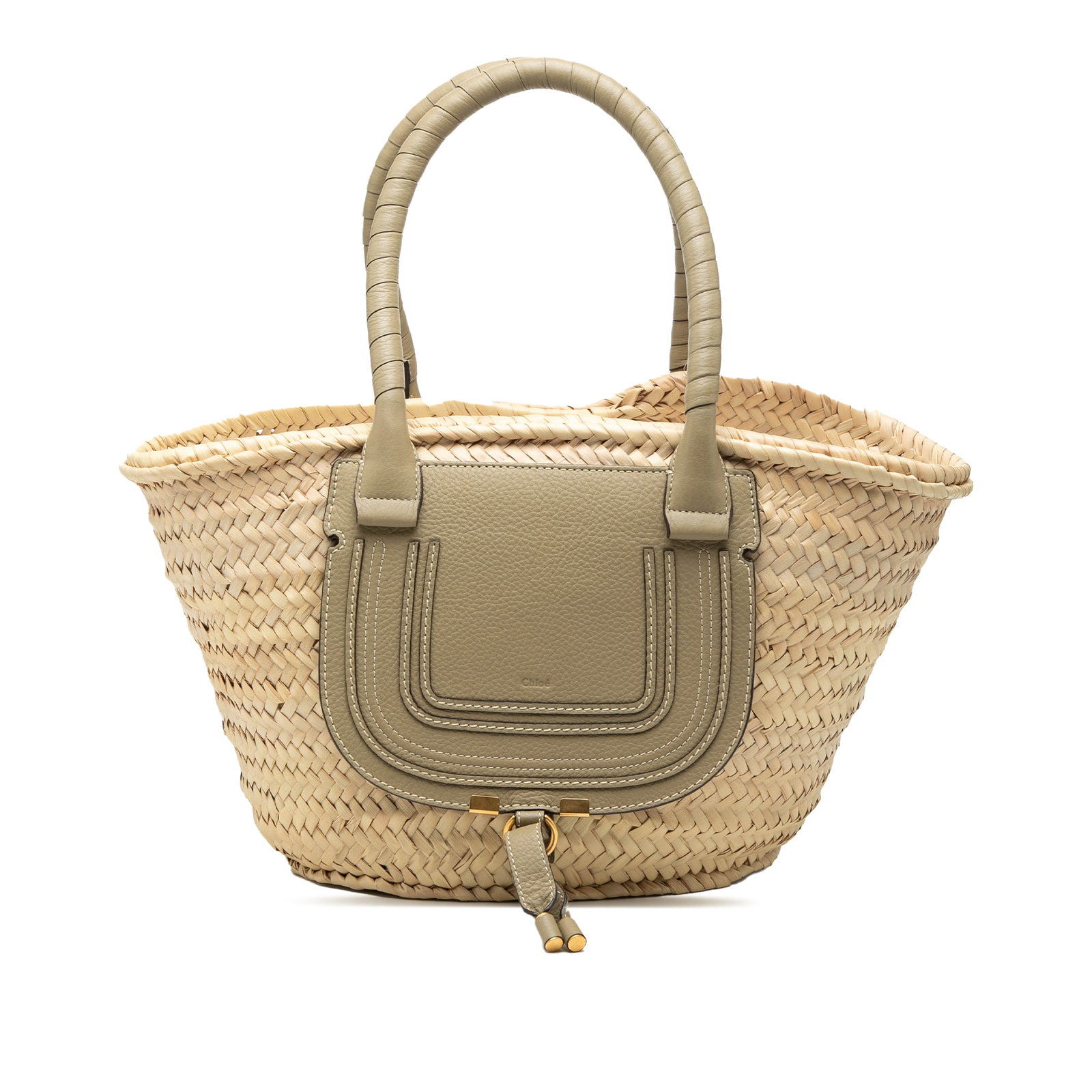 Chloe Marcie Medium Basket Tote in Woven Raffia with Leather Handles: Chloe Marcie Medium Basket Tote in Woven Raffia with Leather Handles This tote bag features a woven raffia body with rolled leather handles, an open top, and an exterior flap pocket. The bag is beige 