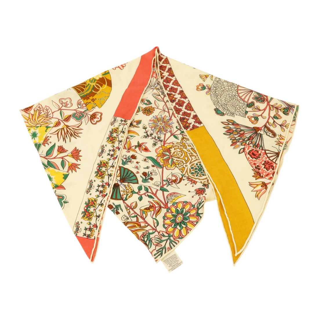 Hermes wool triangle scarf 208x99 pink multicolor: Hermes wool triangle scarf 208x99 pink multicolor This Hermes Giant Triangle Scarf features a vibrant multicolor design with shades of pink, yellow, and green. Crafted from a luxurious blend of wool a