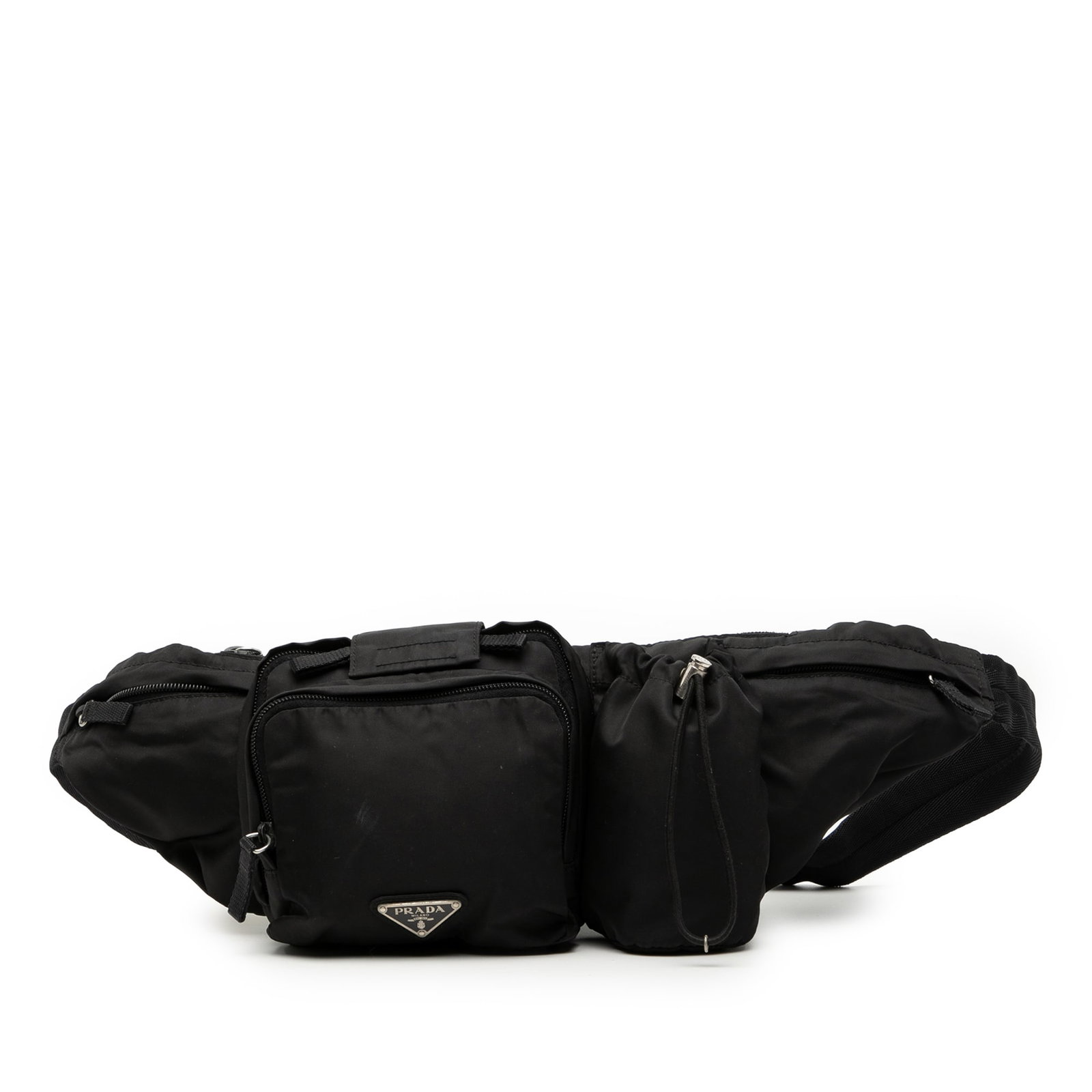 Prada Tessuto Black Nylon Multi Pocket Adjustable Waist Belt Bag: Prada Tessuto Black Nylon Multi Pocket Adjustable Waist Belt Bag This Prada Tessuto Multi Pocket Belt Bag features a black nylon body with multiple exterior zip pockets and a drawstring closure pocket