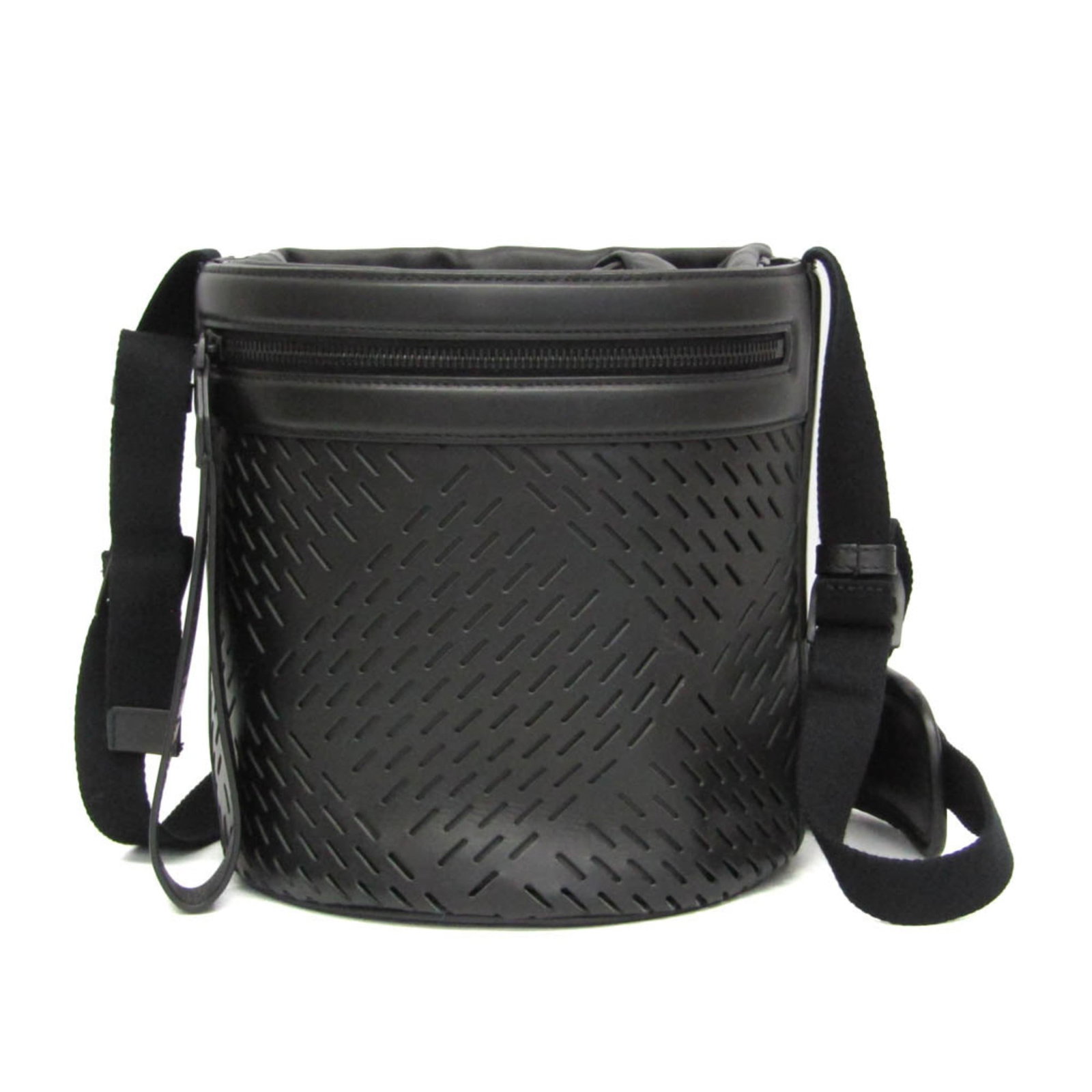 Black Perforated Leather Paper Bucket Bag by Bottega Veneta: Black Perforated Leather Paper Bucket Bag by Bottega Veneta The Bottega Veneta Paper Bucket Bag is crafted from perforated black leather and designed for unisex use. This stylish bag features a spacio
