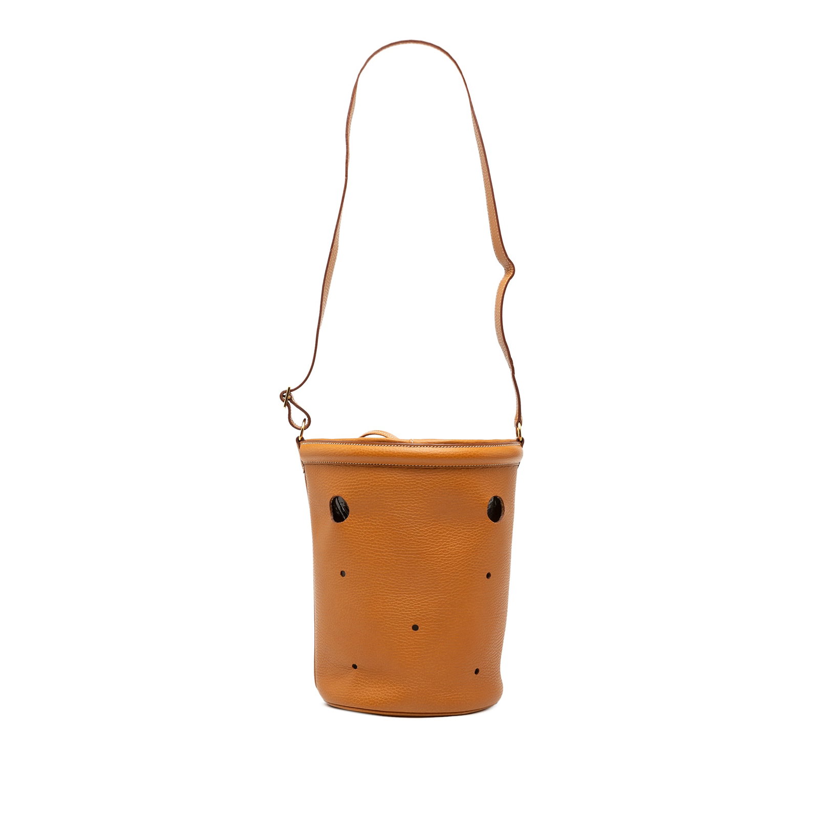 Hermes Clemence Leather Mangeoire PM Bucket Bag with Rope Handle: Hermes Clemence Leather Mangeoire PM Bucket Bag with Rope Handle This Hermes Clemence Mangeoire Bucket PM features a brown Clemence leather body with laser cut holes, a rope handle strap, silver tone 