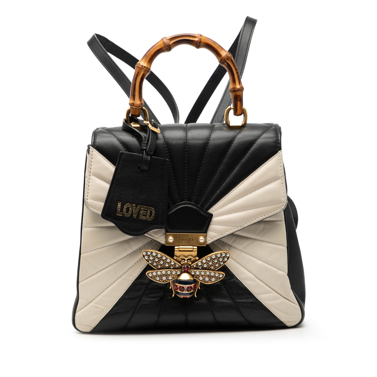 Gucci Queen Margaret Leather Backpack with Bamboo Handle: Gucci Queen Margaret Leather Backpack with Bamboo Handle This Gucci Queen Margaret backpack features a bicolor leather body with a bamboo top handle, adjustable shoulder straps, a front flap with magn