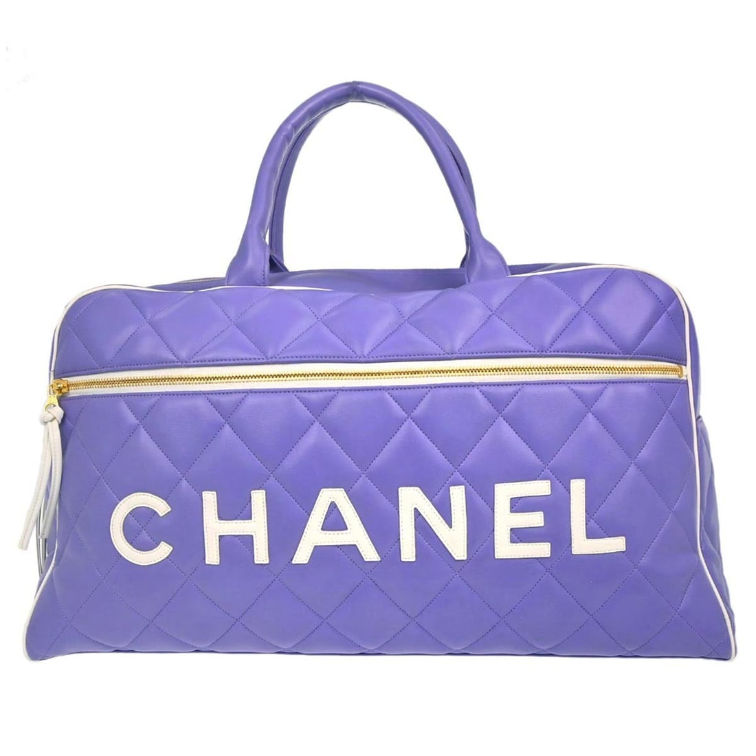 Chanel Extra Large Purple Calfskin Duffle Bowling Bag with Gold Hardware: Chanel Extra Large Purple Calfskin Duffle Bowling Bag with Gold Hardware This Chanel bowling bag features luxurious purple calfskin leather with gold-tone hardware and double handles. Designed in an e