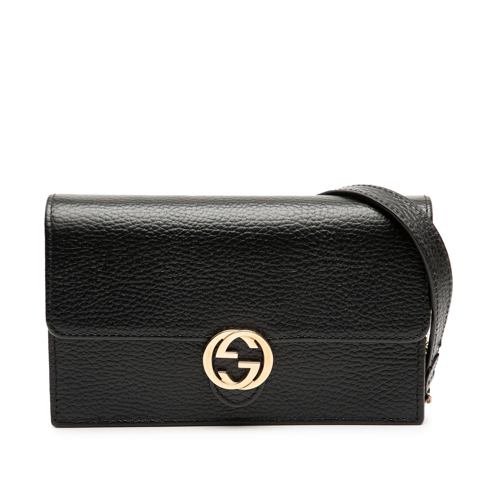 Black Leather Gucci Interlocking G Chain Wallet with Dust Bag and Box: Black Leather Gucci Interlocking G Chain Wallet with Dust Bag and Box The Gucci Interlocking G Dollar Calfskin Wallet on Chain features a black leather body with a chain-link strap and leather guard. 
