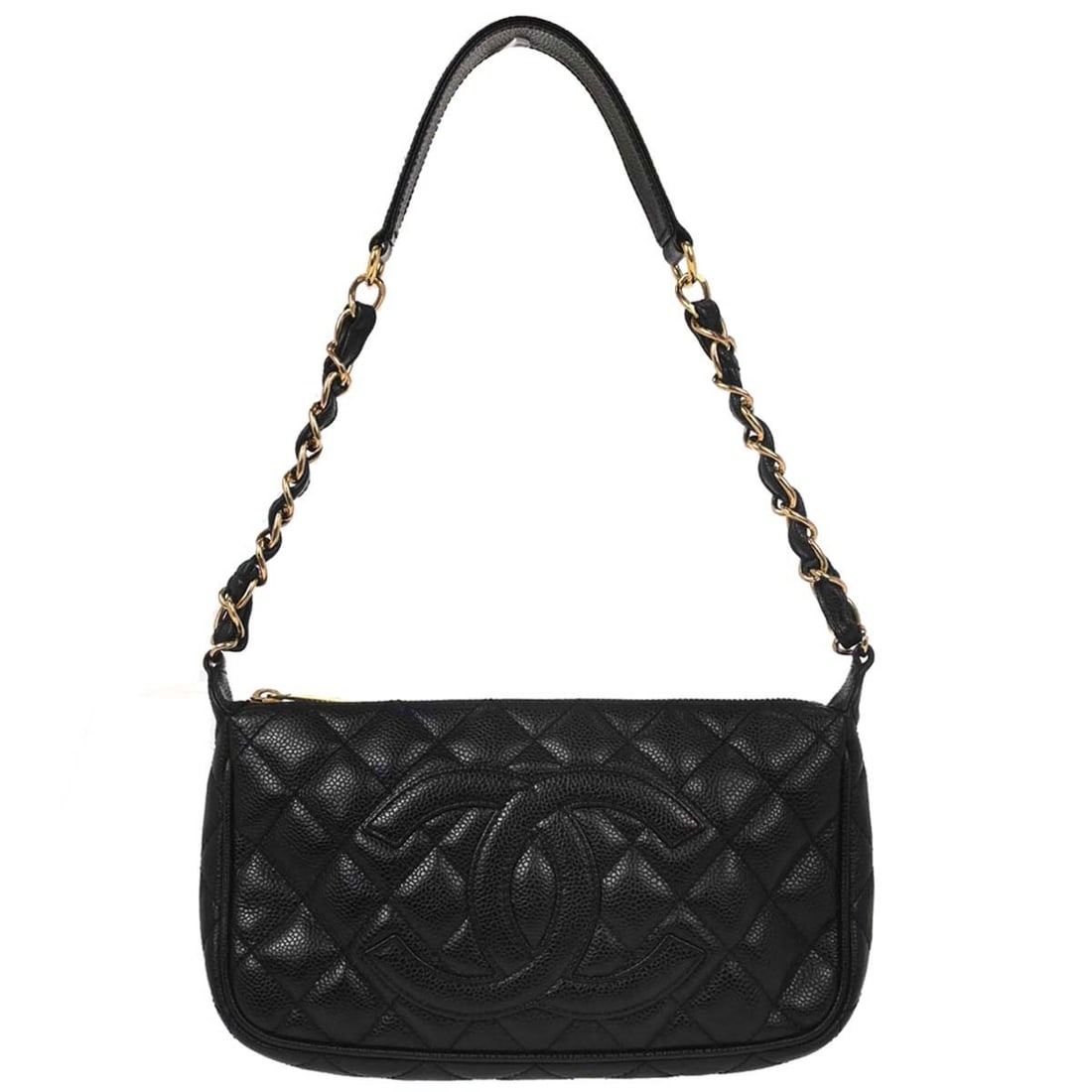 Chanel Caviar Medium Black Chain Top Handle Handbag: Chanel Caviar Medium Black Chain Top Handle Handbag This Chanel handbag is crafted from black caviar skin calf leather and features a zip closure, top handle, and a medium-sized silhouette. Designed f