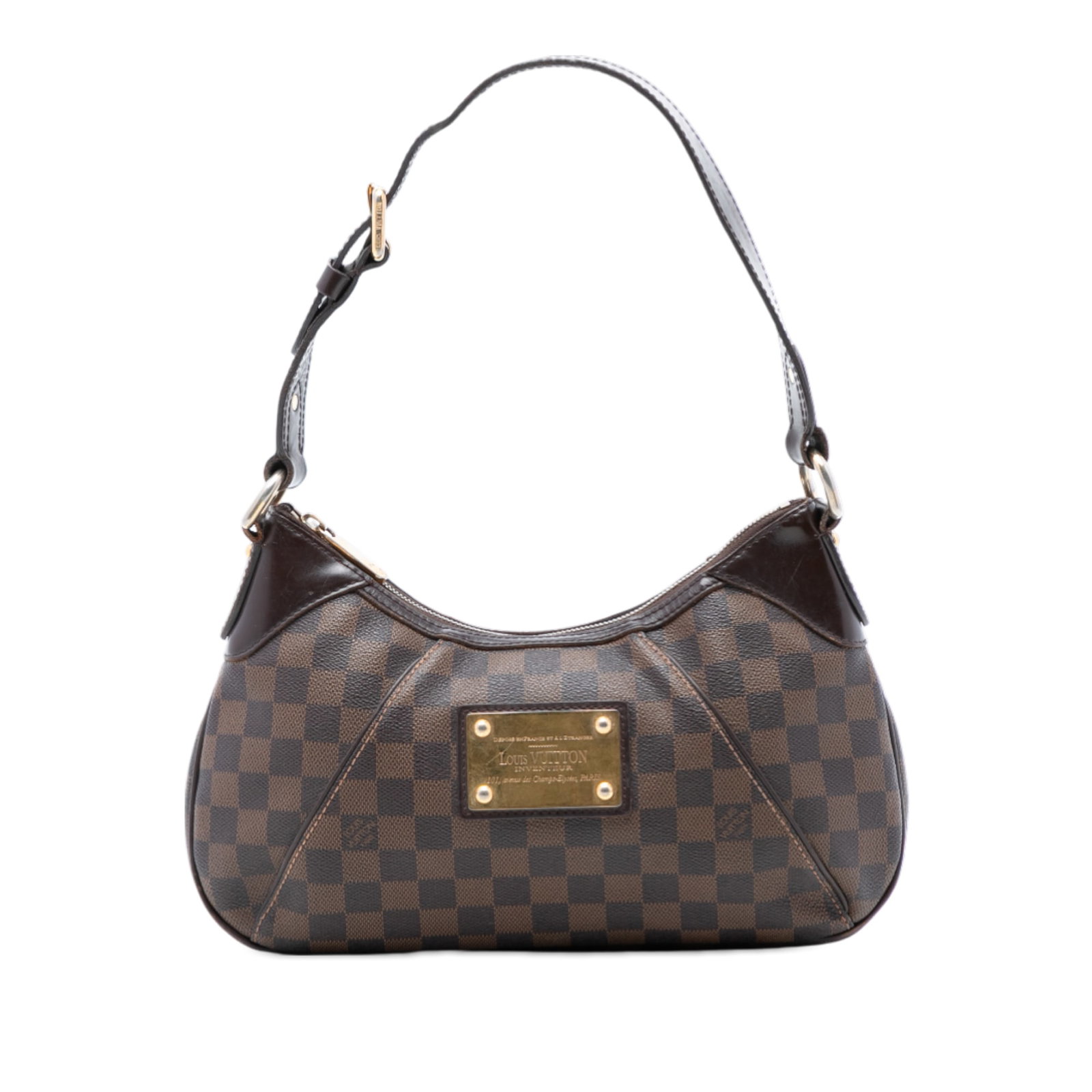 Louis Vuitton Thames PM Shoulder Bag in Damier Ebene Canvas: Louis Vuitton Thames PM Shoulder Bag in Damier Ebene Canvas This Louis Vuitton Damier Ebene Thames PM features a signature damier ebene canvas body with leather trim and a flat leather strap. The bag 