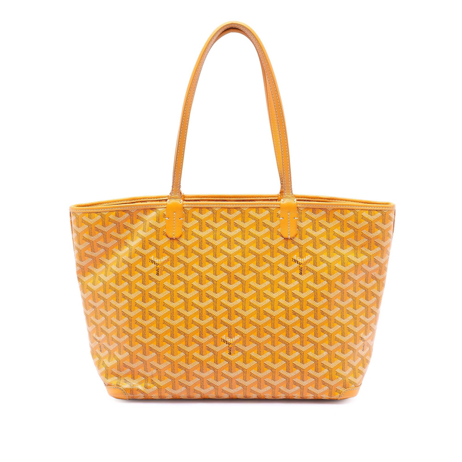 Goyard Goyardine Artois PM Yellow Coated Canvas Tote with Leather Trim: Goyard Goyardine Artois PM Yellow Coated Canvas Tote with Leather Trim The Goyardine Artois PM is a designer handbag featuring a coated canvas body with leather trim, flat leather straps, and a top zi