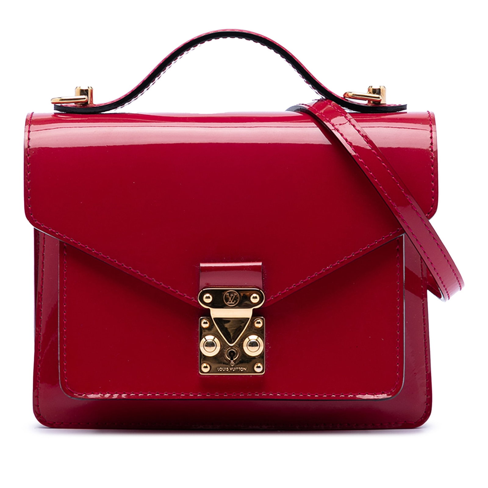 Louis Vuitton Monceau BB Red Vernis Leather Shoulder Bag with S Lock: Louis Vuitton Monceau BB Red Vernis Leather Shoulder Bag with S Lock This Louis Vuitton Vernis Monceau BB features a vernis leather body in red, a flat leather top handle, a detachable flat leather st