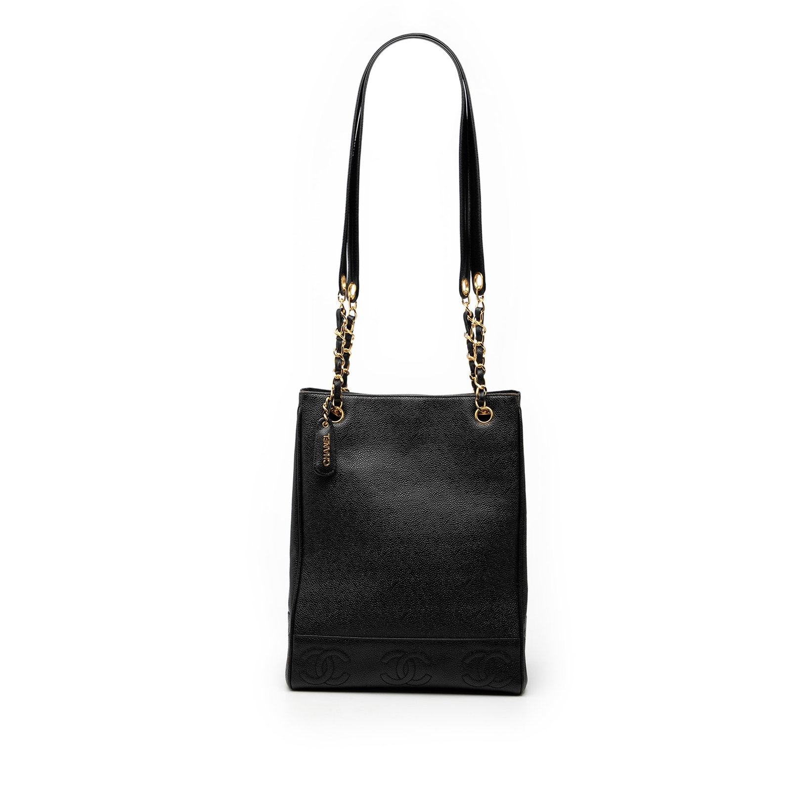 Black Caviar Leather Tote Bag Triple CC by Chanel: Black Caviar Leather Tote Bag Triple CC by Chanel This Chanel Triple CC Caviar Tote features a black caviar leather body with curb chain straps and an open top secured by a magnetic snap closure. The 