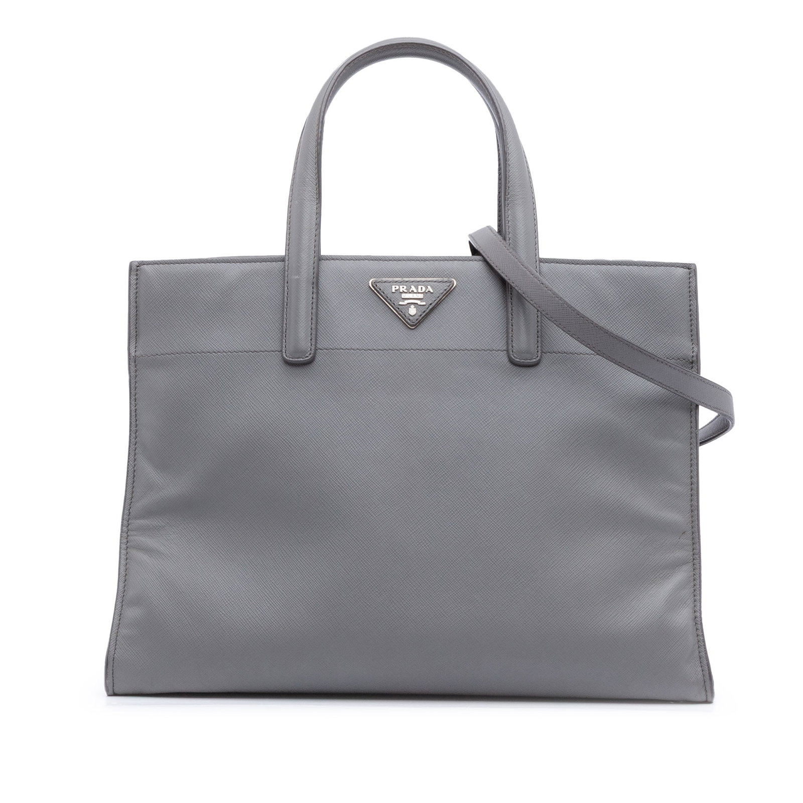 Gray Saffiano Leather Tote Bag by Prada with Triple Pocket Design: Gray Saffiano Leather Tote Bag by Prada with Triple Pocket Design This Prada Saffiano Soft Triple Pocket Tote features a gray saffiano leather body with flat leather handles and a detachable flat stra