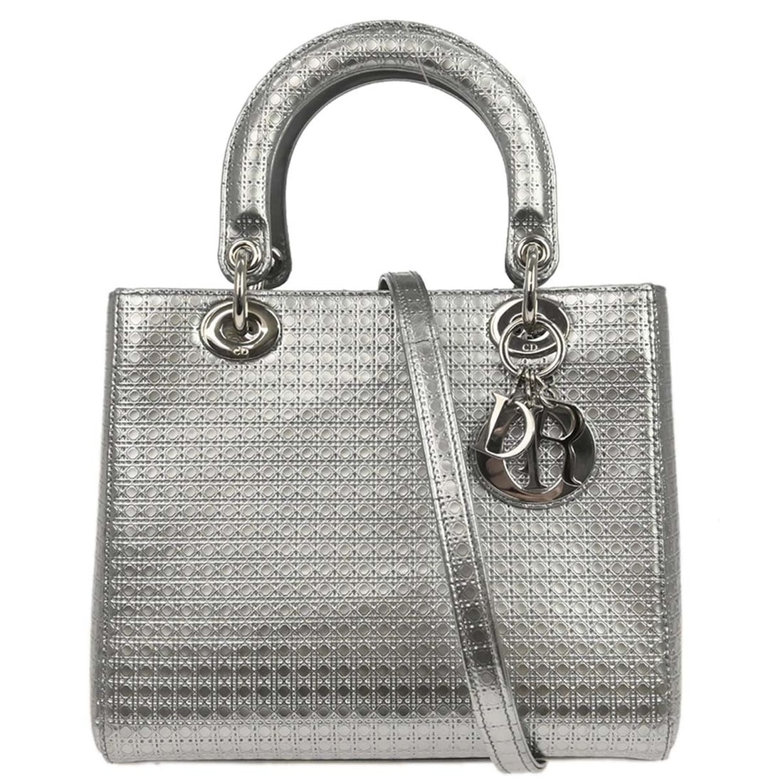 Lady Dior Cannage Silver Leather Satchel with Double Handles and Zipper: Lady Dior Cannage Silver Leather Satchel with Double Handles and Zipper This Christian Dior Lady Dior Cannage handbag features silver quilted leather with a signature Dior pattern. Designed with doubl
