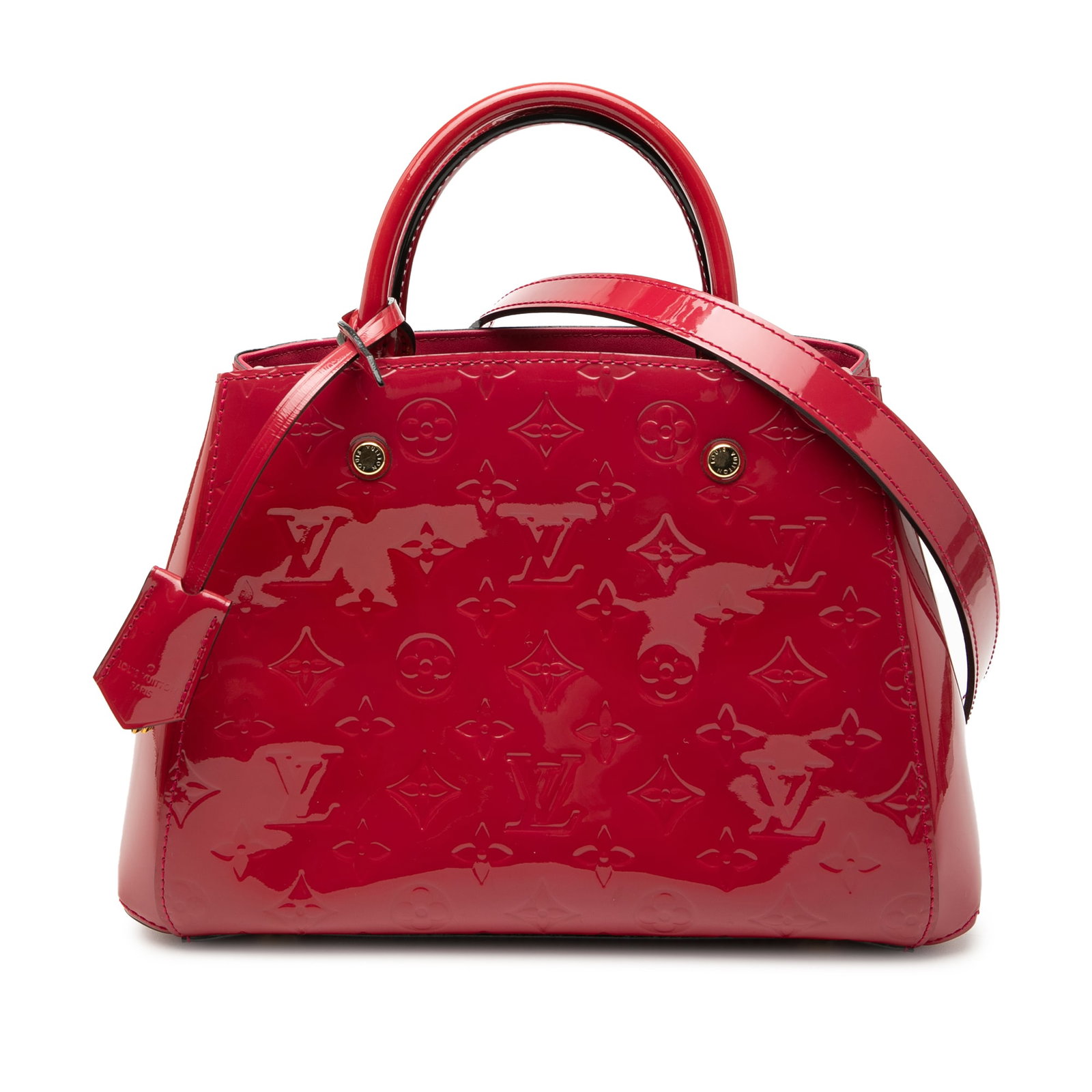 Louis Vuitton Montaigne BB Red Monogram Vernis Leather Bag with Strap: Louis Vuitton Montaigne BB Red Monogram Vernis Leather Bag with Strap This Louis Vuitton Montaigne BB bag features a monogram vernis leather body in red, rolled leather handles, a detachable leather s