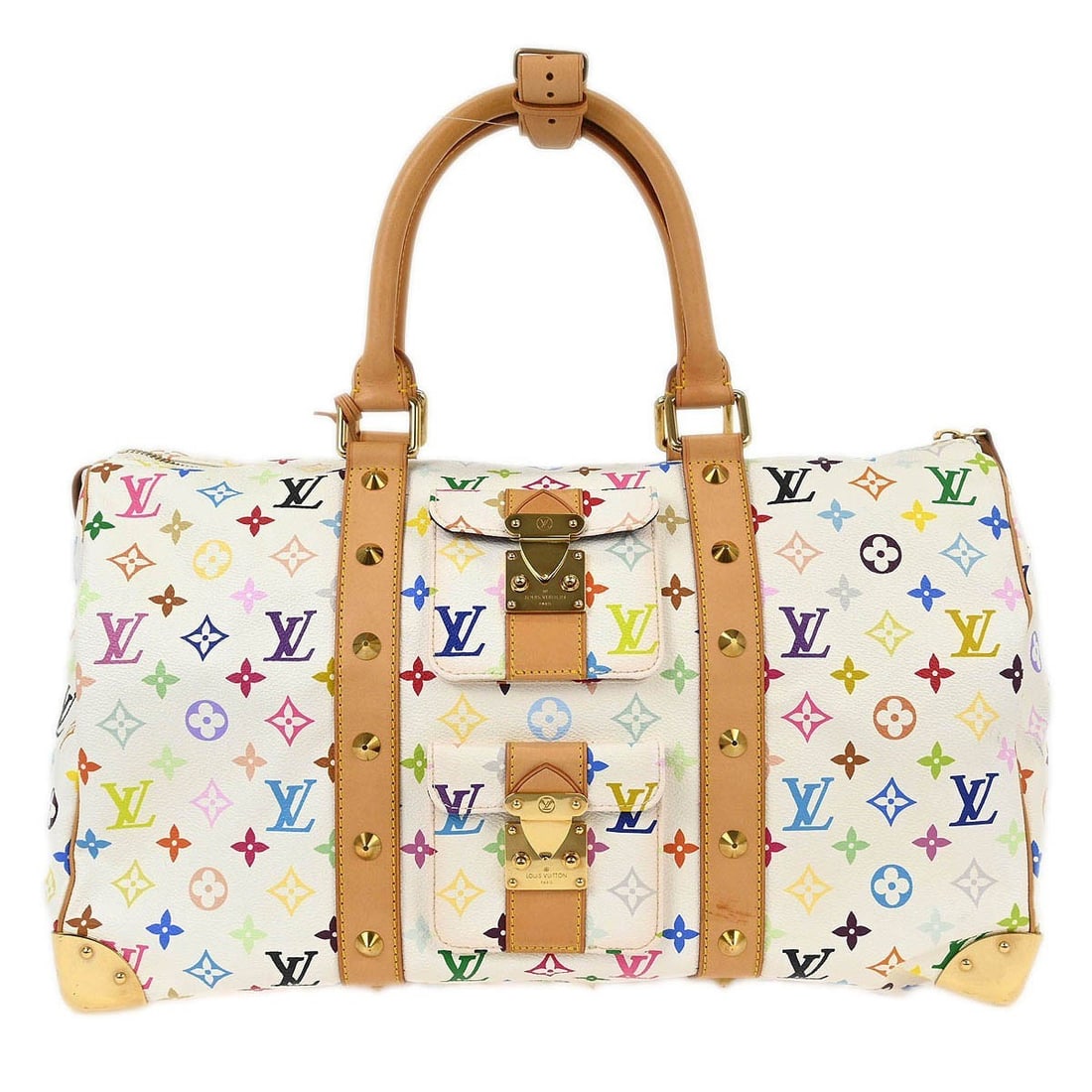 Louis Vuitton Keepall 45 White Multicolor Handbag M92641: Louis Vuitton Keepall 45 White Multicolor Handbag M92641 Introducing the Louis Vuitton White Monogram Multicolor Keepall 45 Handbag, a stylish and functional accessory perfect for casual occasions. Th