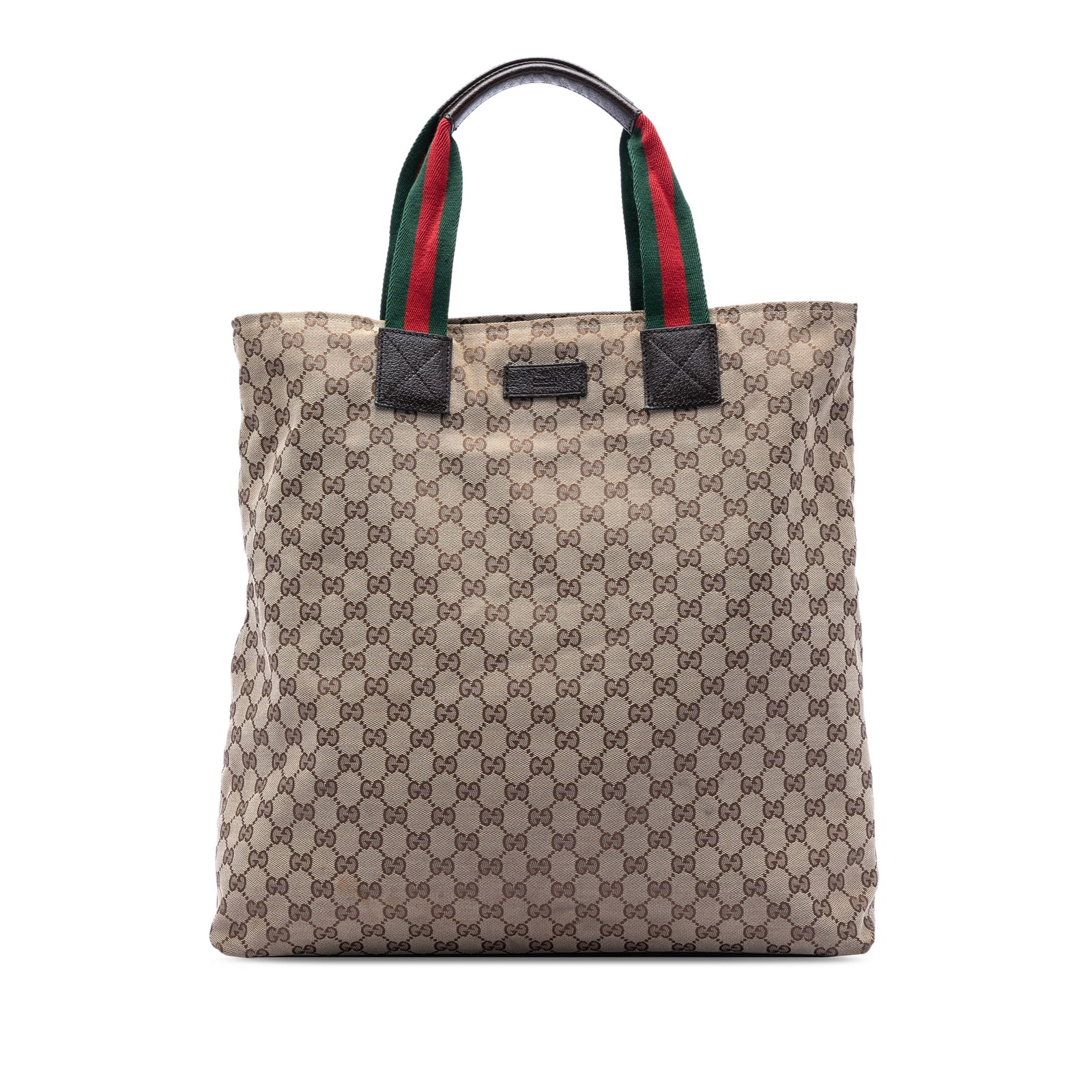 Gucci Beige GG Canvas Tote with Web Leather Trim: Gucci Beige GG Canvas Tote with Web Leather Trim This Gucci GG Canvas Web Vertical Tote features a canvas body with leather trim, flat leather handles accented by web strap details, a top zip closure,