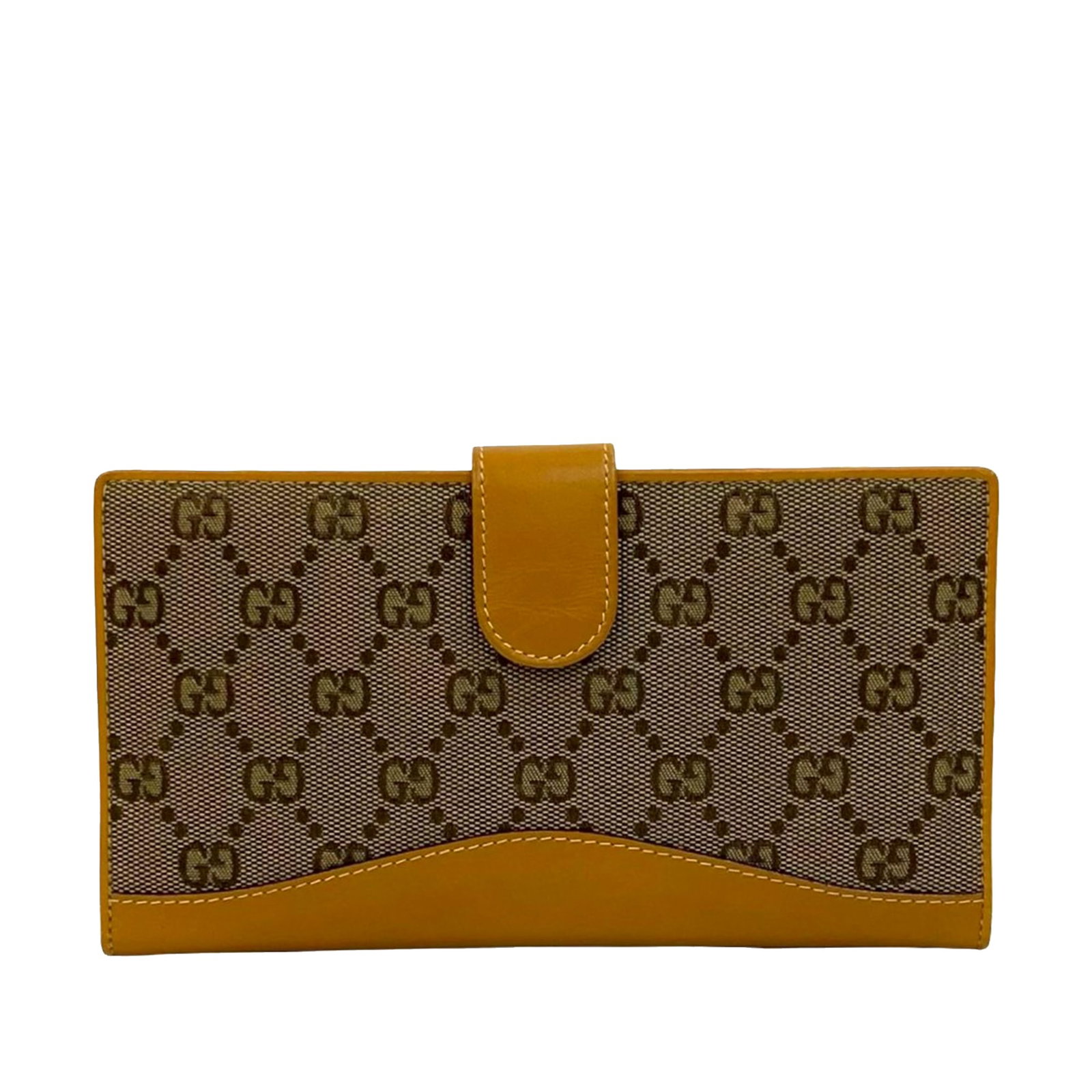 Beige GG Canvas Long Wallet with Leather Trim by Gucci: Beige GG Canvas Long Wallet with Leather Trim by Gucci This Gucci GG Canvas Long Wallet features a beige canvas and leather body with a kiss lock compartment, a bifold design with a strap, and interio