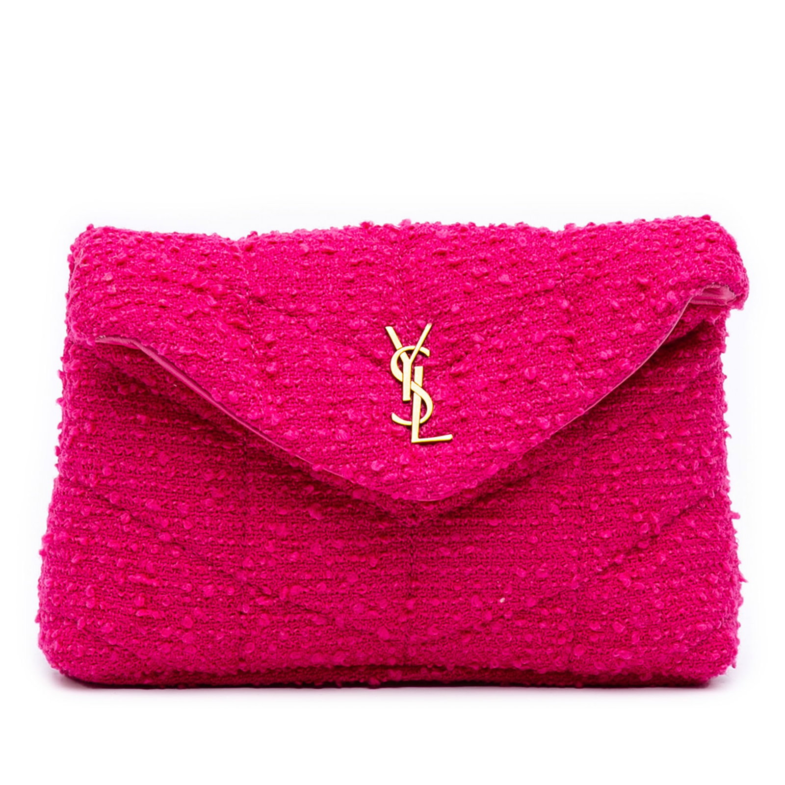 Saint Laurent Toy LouLou Puffer Pink Tweed Crossbody Bag: Saint Laurent Toy LouLou Puffer Pink Tweed Crossbody Bag This Saint Laurent Toy Matelasse Boucle Tweed Monogram LouLou Puffer Crossbody features a pink tweed fabric body with a front flap and magnetic