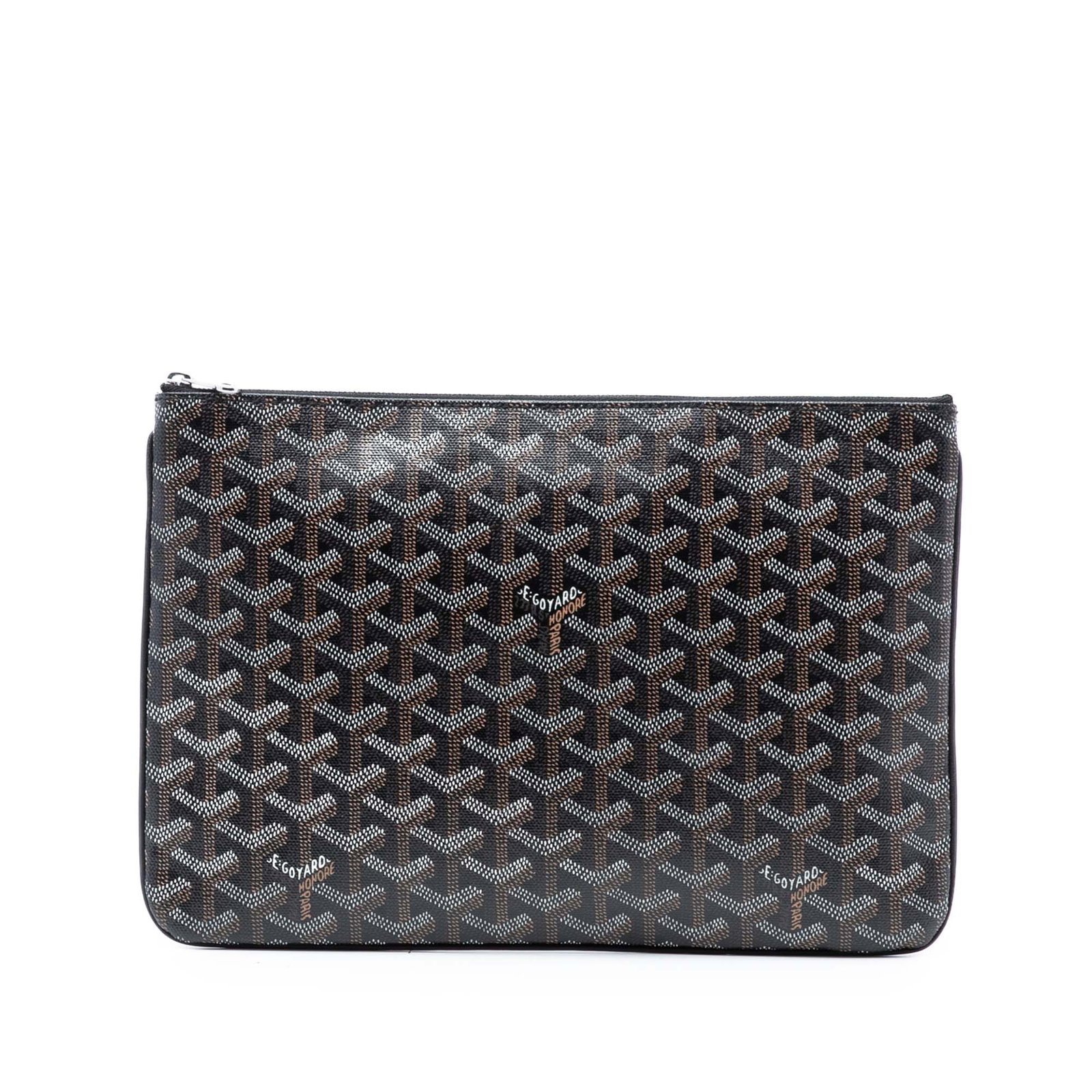 Goyard Goyardine Senat MM Black Canvas Pouch with Zip Top: Goyard Goyardine Senat MM Black Canvas Pouch with Zip Top The Senat MM features a coated canvas body with a top zip closure and an interior slip pocket. The bag is designed in black fabric and is made