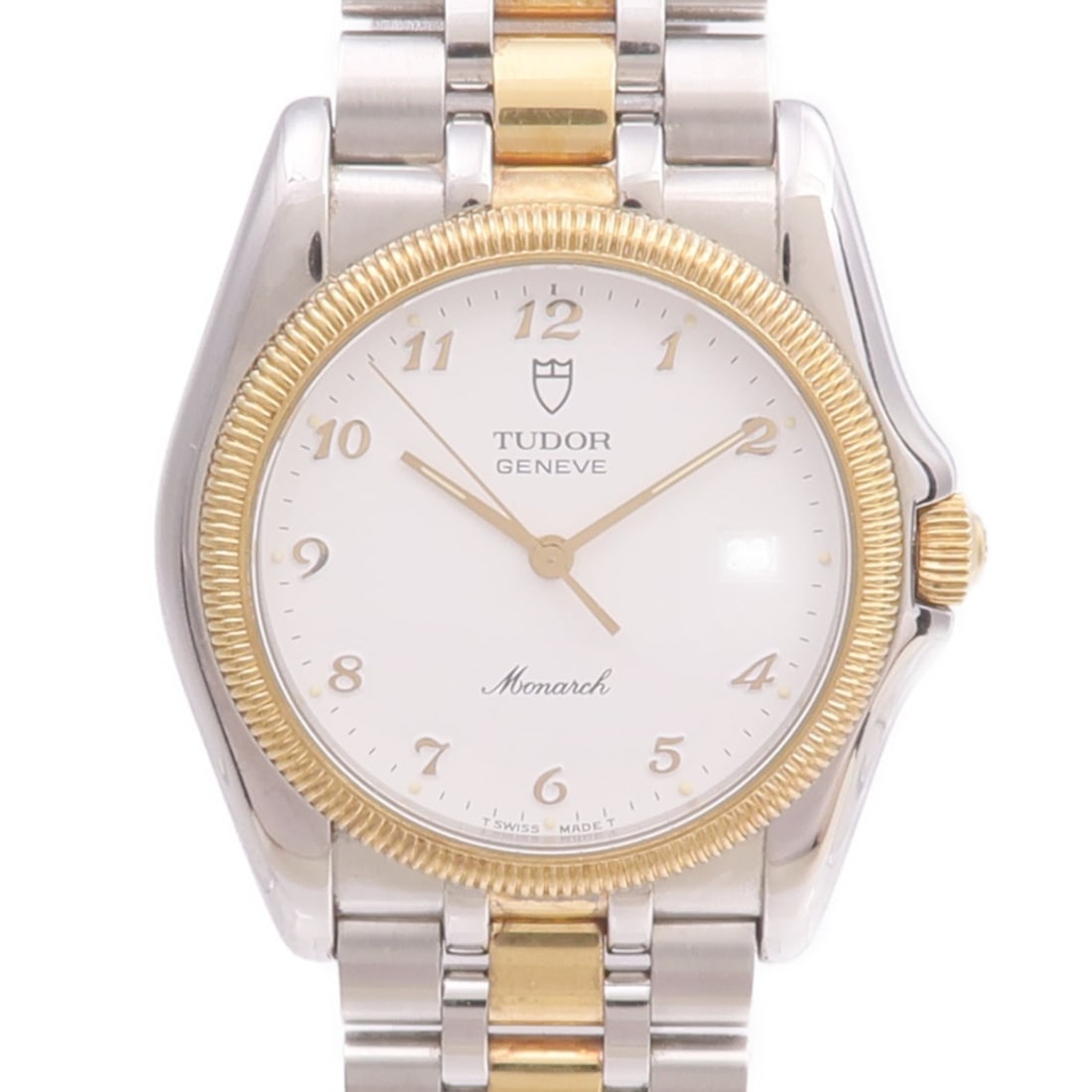 Monarch 15633 Men's Quartz Wristwatch in 18K Yellow Gold and Steel White Dial: Monarch 15633 Men's Quartz Wristwatch in 18K Yellow Gold and Steel White Dial This TUDOR Monarch 15633 wristwatch features a white dial and frame, with a case and band crafted from 18K yellow gold and