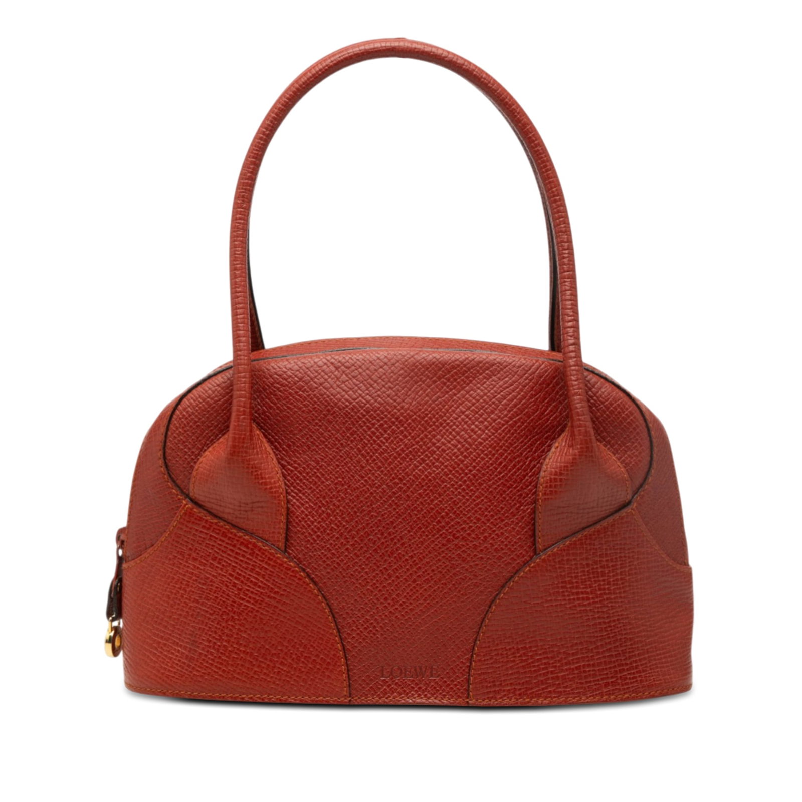 Brown Leather Tote by LOEWE with Top Zip and Rolled Handles: Brown Leather Tote by LOEWE with Top Zip and Rolled Handles This LOEWE handbag is crafted from grained calfskin leather in brown and features rolled leather handles, a top zip closure, and an interior