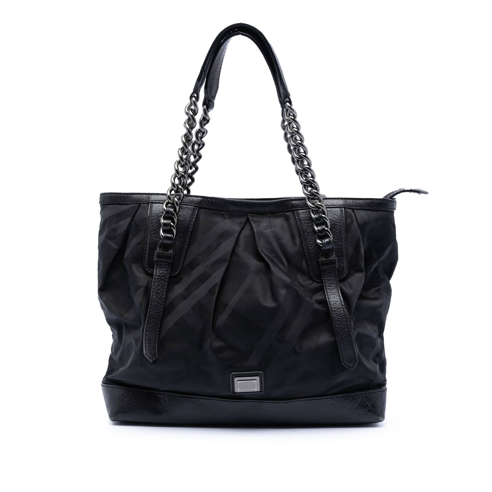 Burberry Black Nylon Tote with Leather Trim and Chain Shoulder Straps: Burberry Black Nylon Tote with Leather Trim and Chain Shoulder Straps This Burberry Tonal Check Nylon Shoulder Bag features a nylon body with leather trim, chain link straps with a leather guard, a to