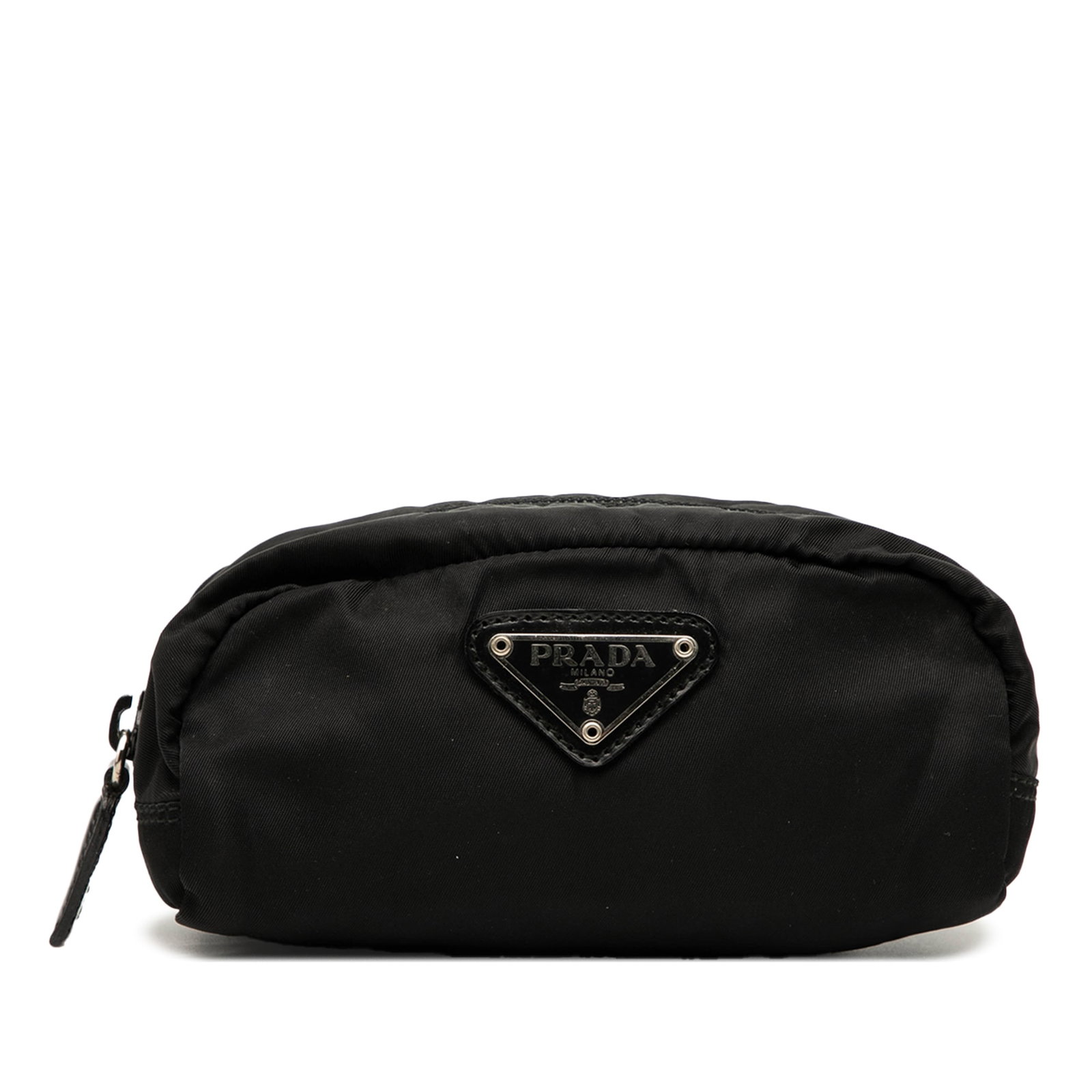Prada Mini Tessuto Pouch Black Nylon Italy SLG: Prada Mini Tessuto Pouch Black Nylon Italy SLG Introducing the Prada Mini Tessuto Pouch, a stylish and functional accessory crafted from durable nylon. This compact pouch features a top zip closure, e