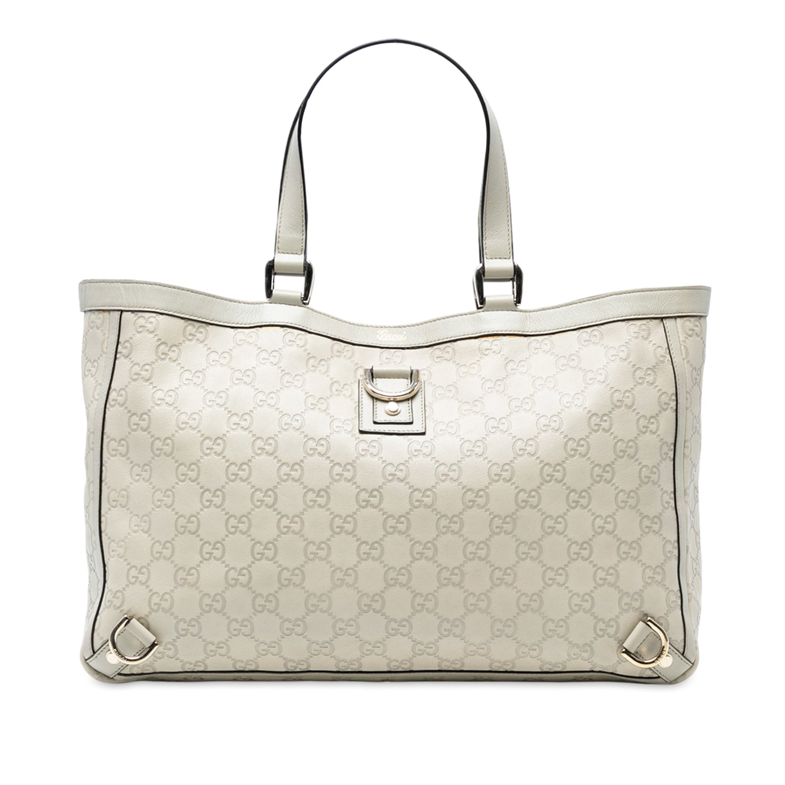 Gucci White Guccissima Abbey D Ring Tote Bag with Repainted Straps: Gucci White Guccissima Abbey D Ring Tote Bag with Repainted Straps This stylish Abbey D Ring Tote from Gucci is crafted from embossed leather, showcasing a sophisticated white hue. It features flat le