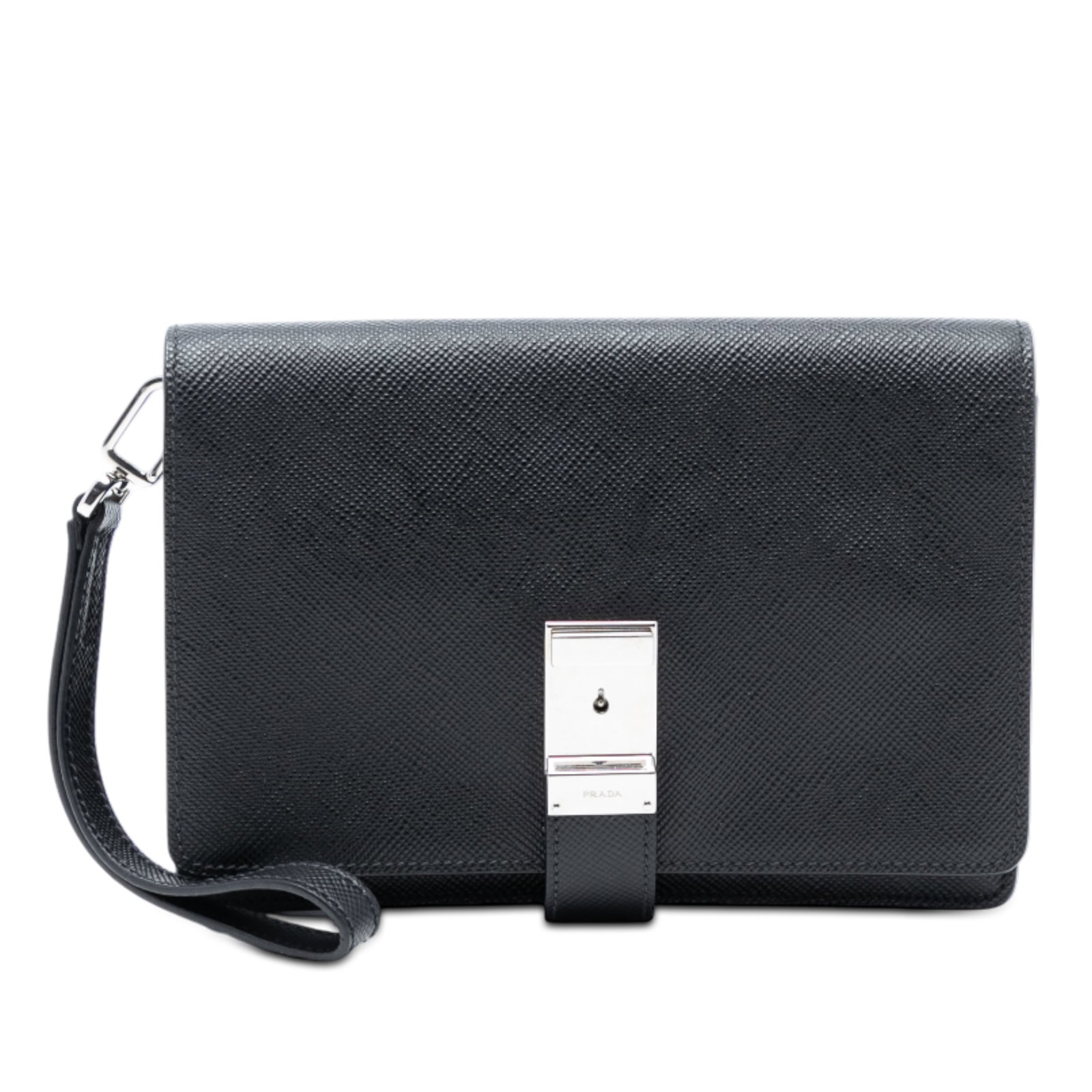 Black Prada Saffiano Leather Flap Clutch with Wrist Strap: Black Prada Saffiano Leather Flap Clutch with Wrist Strap This Prada Saffiano Flap Clutch features a saffiano leather body in black, a flat leather wrist strap, a front flap with a metal closure, and 