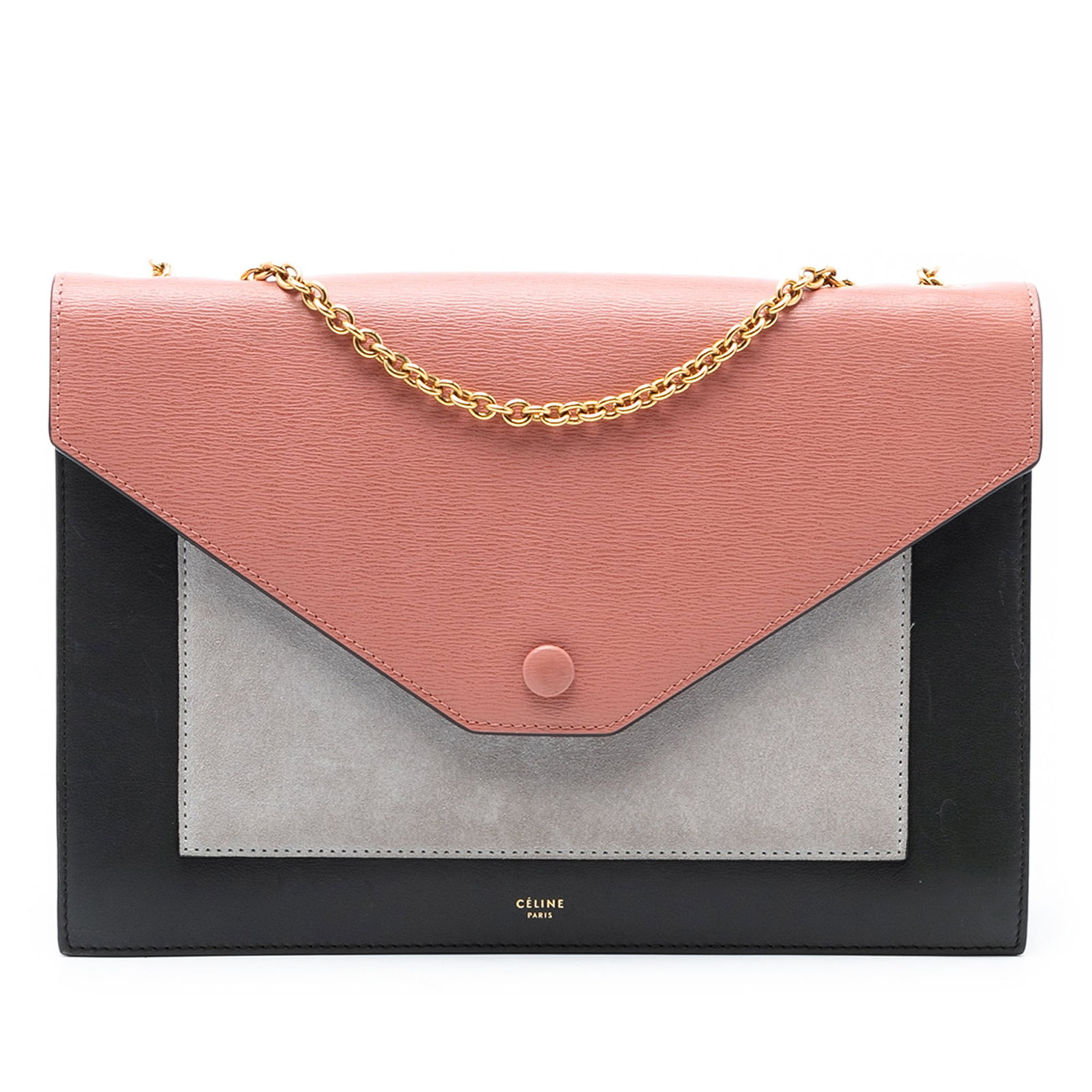 Celine Tricolor Leather Suede Envelope Wallet Crossbody Chain Bag: Celine Tricolor Leather Suede Envelope Wallet Crossbody Chain Bag This Celine Tricolor Pocket Envelope Wallet on Chain is crafted from a combination of leather and suede. The crossbody design features