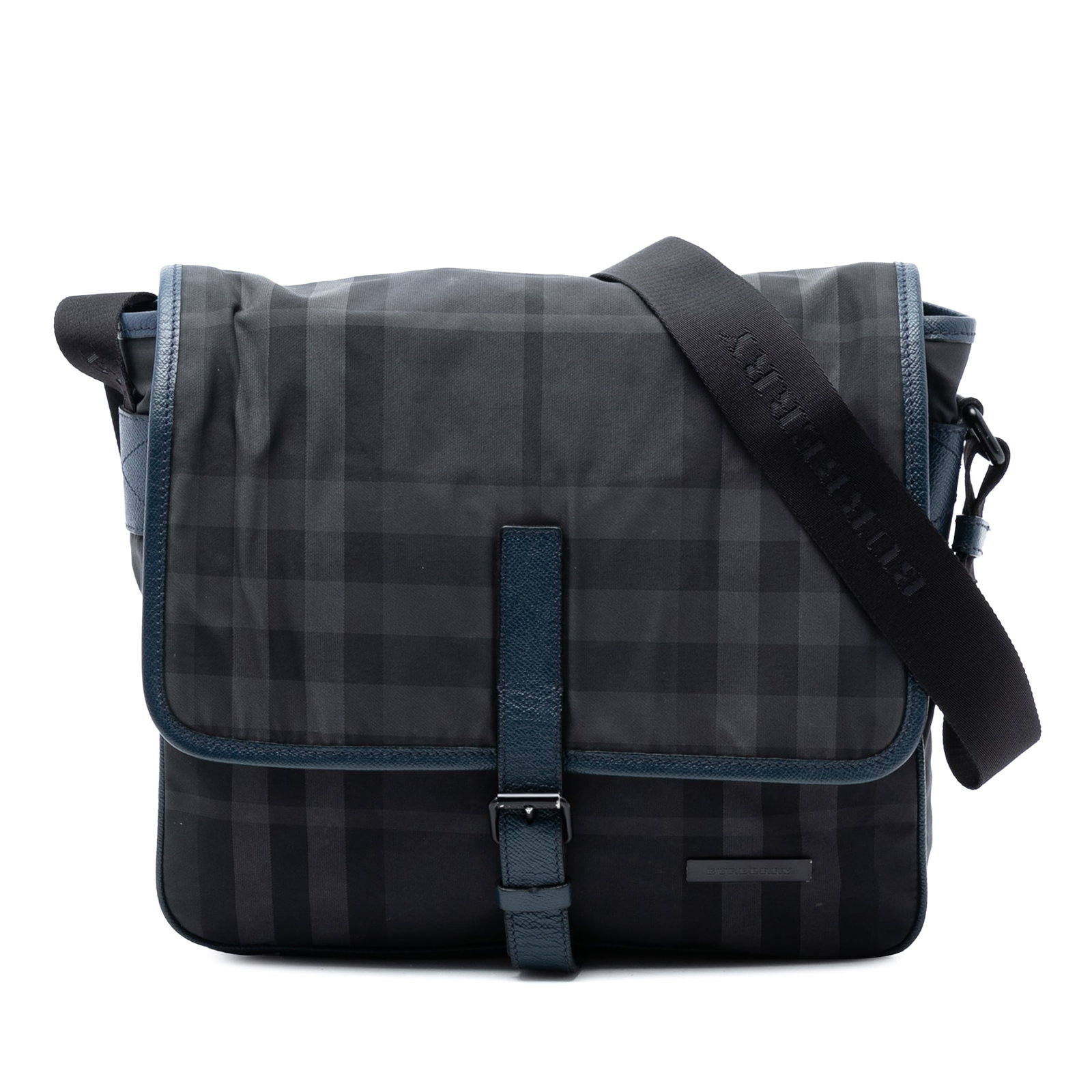 Burberry Gray Smoke Check Nylon Crossbody Messenger Bag with Leather Trim: Burberry Gray Smoke Check Nylon Crossbody Messenger Bag with Leather Trim This Burberry Smoke Check Messenger Bag is crafted from nylon with leather trim, featuring a crossbody design and an adjustabl
