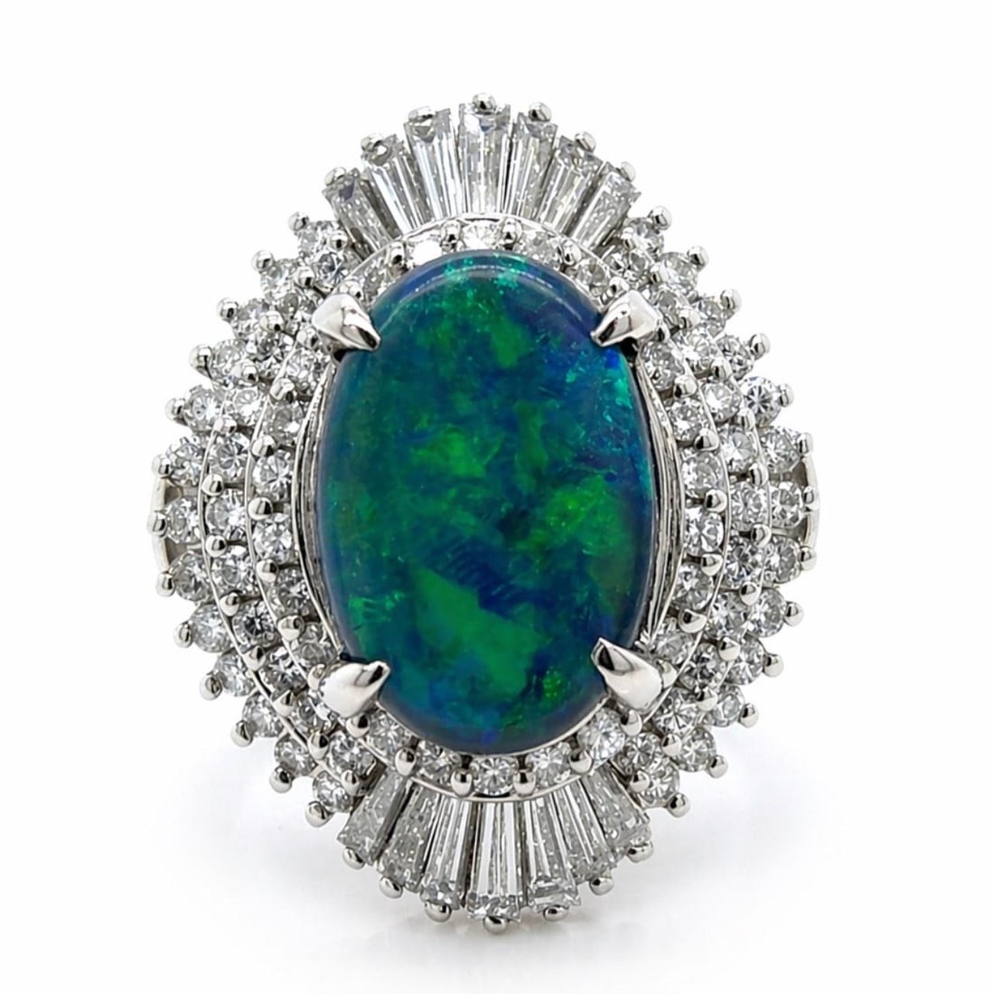 GIA 2.83ct Black Opal and Diamond Platinum Ring Size 8: GIA 2.83ct Black Opal and Diamond Platinum Ring Size 8 This platinum ring features a GIA certified 2.83 carat black opal, accented by 1.37 carats of diamonds with G-H color and VS1-SI1 clarity. The ri