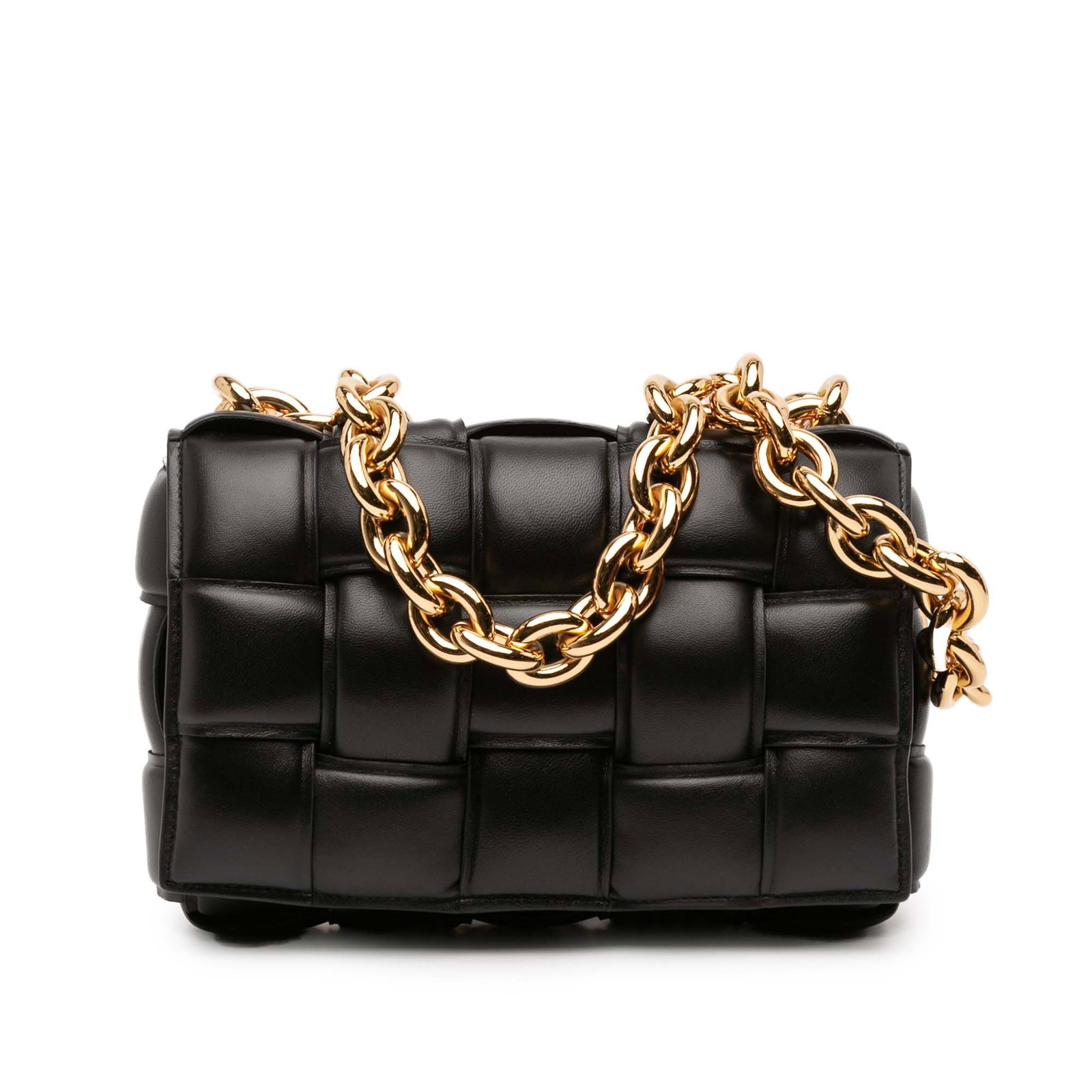 Bottega Veneta Black Leather Padded Cassette Bag with Gold Chain: Bottega Veneta Black Leather Padded Cassette Bag with Gold Chain This Bottega Veneta Padded Cassette satchel features a woven nappa leather body in black, complemented by a gold-tone chain link handle