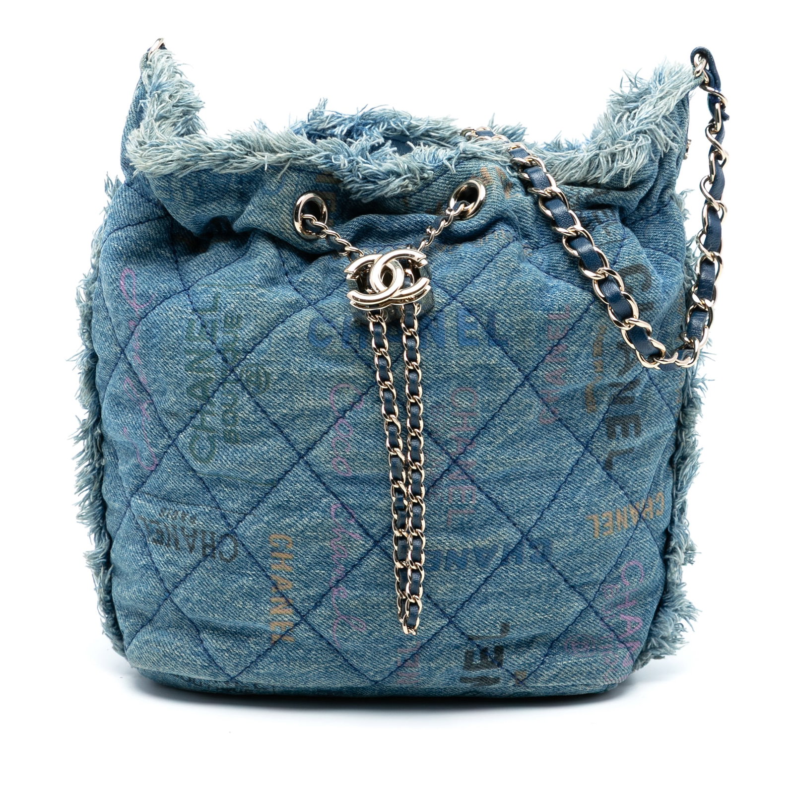 Chanel Mood Bucket Quilted Blue Denim Bag with Chain Shoulder Strap: Chanel Mood Bucket Quilted Blue Denim Bag with Chain Shoulder Strap This Chanel Medium Quilted Denim Mood Bucket bag showcases a quilted denim exterior in blue with a leather-woven chain shoulder stra