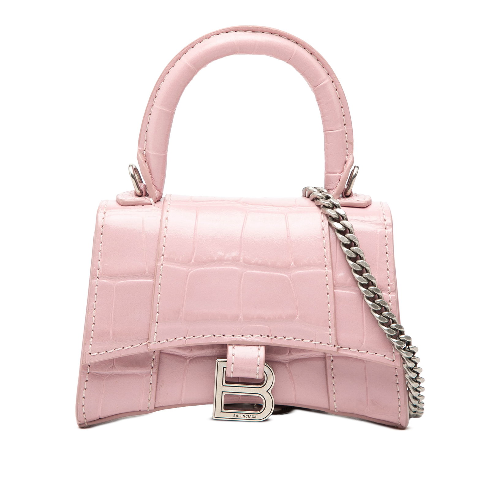 Balenciaga Nano Hourglass Pink Croc Embossed Leather Top Handle Bag: Balenciaga Nano Hourglass Pink Croc Embossed Leather Top Handle Bag This Balenciaga Nano Croc Embossed Hourglass Top Handle Bag features an embossed leather body in pink, a rolled top handle, a detach