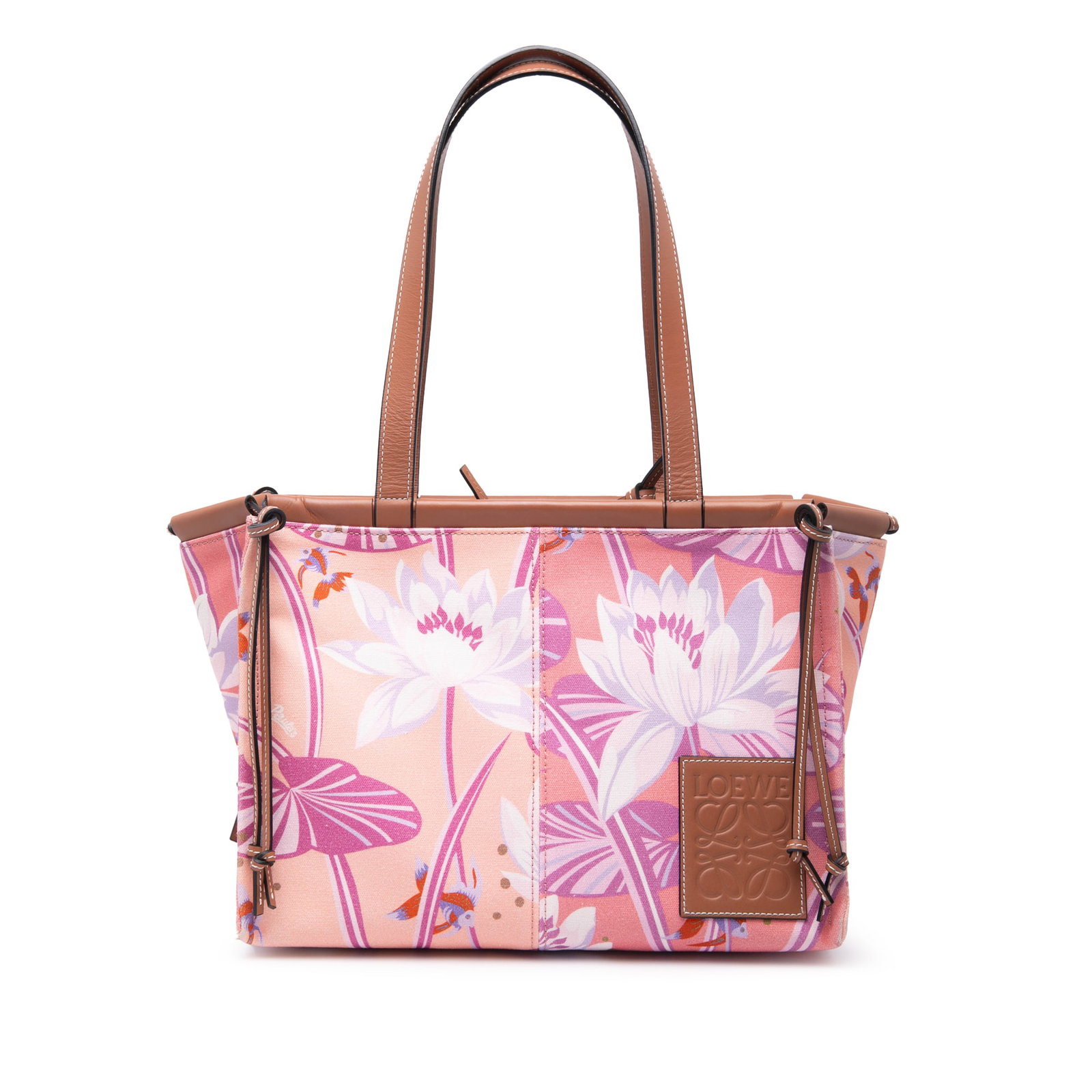LOEWE Paulas Ibiza Small Waterlily Print Canvas Tote Bag: LOEWE Paulas Ibiza Small Waterlily Print Canvas Tote Bag Introducing the LOEWE Paulas Ibiza Small Canvas Waterlily Print Cushion Tote, a stylish and functional accessory perfect for your everyday need