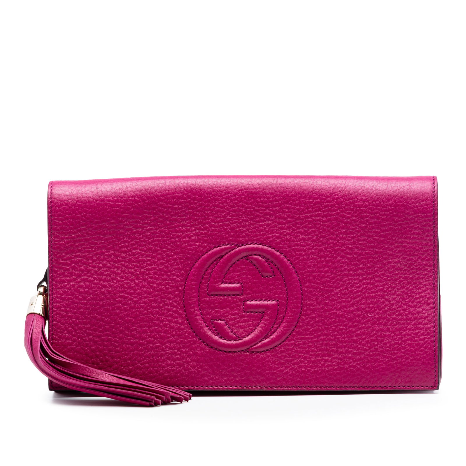 Pink Leather Soho Disco Clutch Bag with Tassel by Gucci: Pink Leather Soho Disco Clutch Bag with Tassel by Gucci This Gucci Leather Soho Disco Clutch features a pink leather body with a stylish tassel detail, a front flap secured by a magnetic snap closure,
