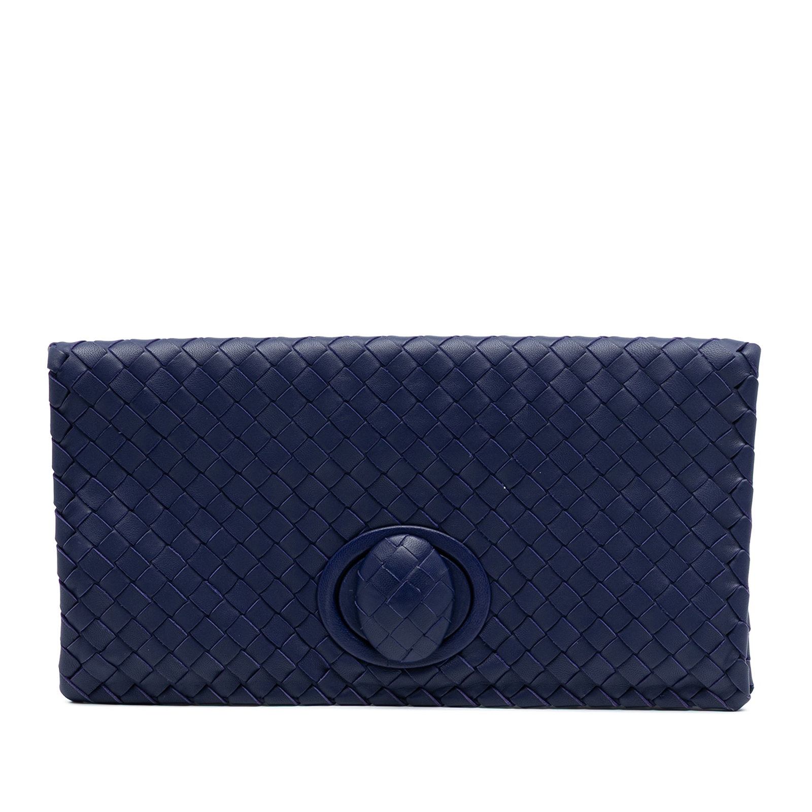 Blue Nappa Leather Woven Clutch by Bottega Veneta with Turn Lock: Blue Nappa Leather Woven Clutch by Bottega Veneta with Turn Lock This clutch features a woven nappa leather exterior with a front flap and turn lock closure. The interior includes a zip compartment an