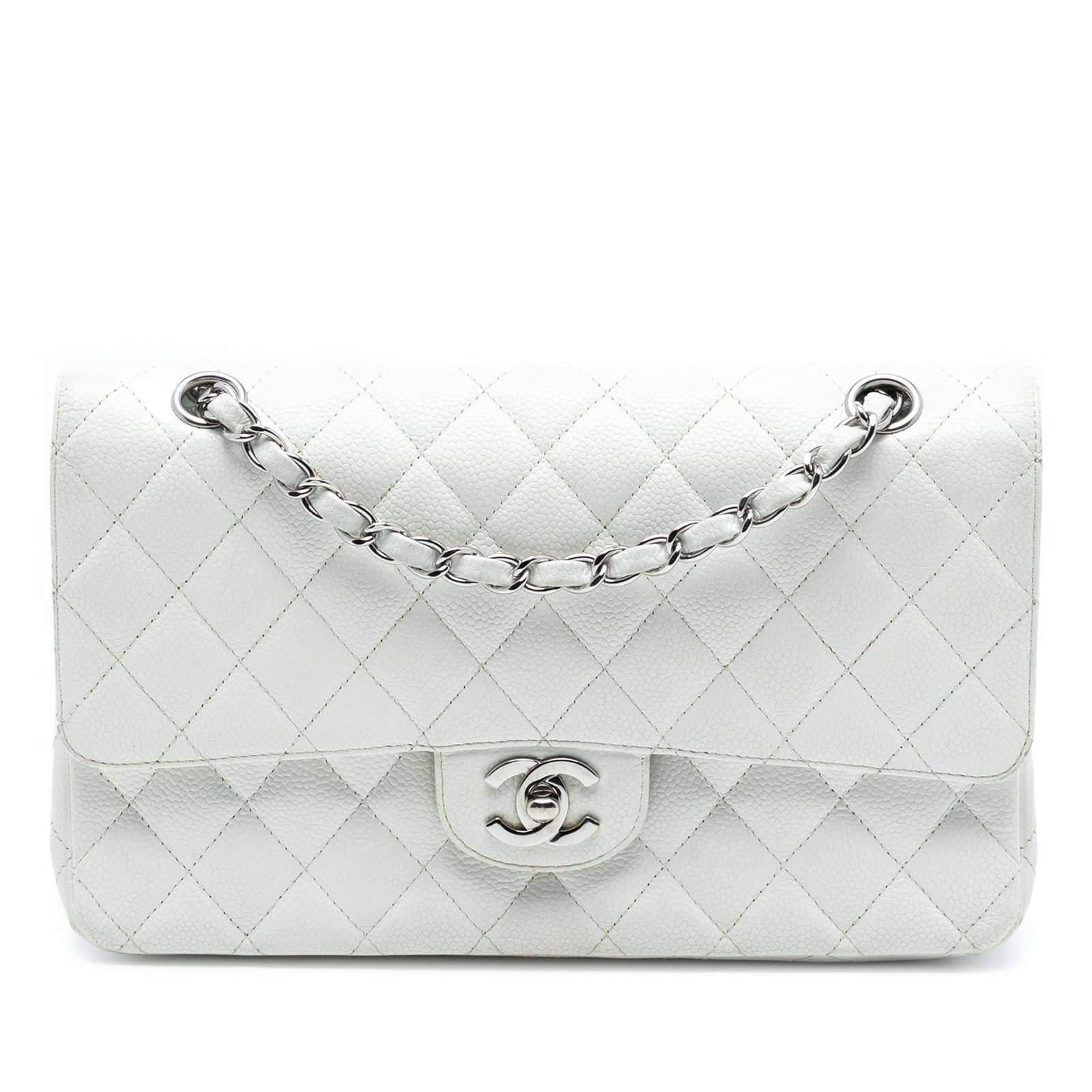 Chanel White Medium Classic Caviar Leather Double Flap Shoulder Bag: Chanel White Medium Classic Caviar Leather Double Flap Shoulder Bag This Chanel Medium Classic Caviar Double Flap shoulder bag features a quilted caviar leather body and leather-woven chain straps. Th
