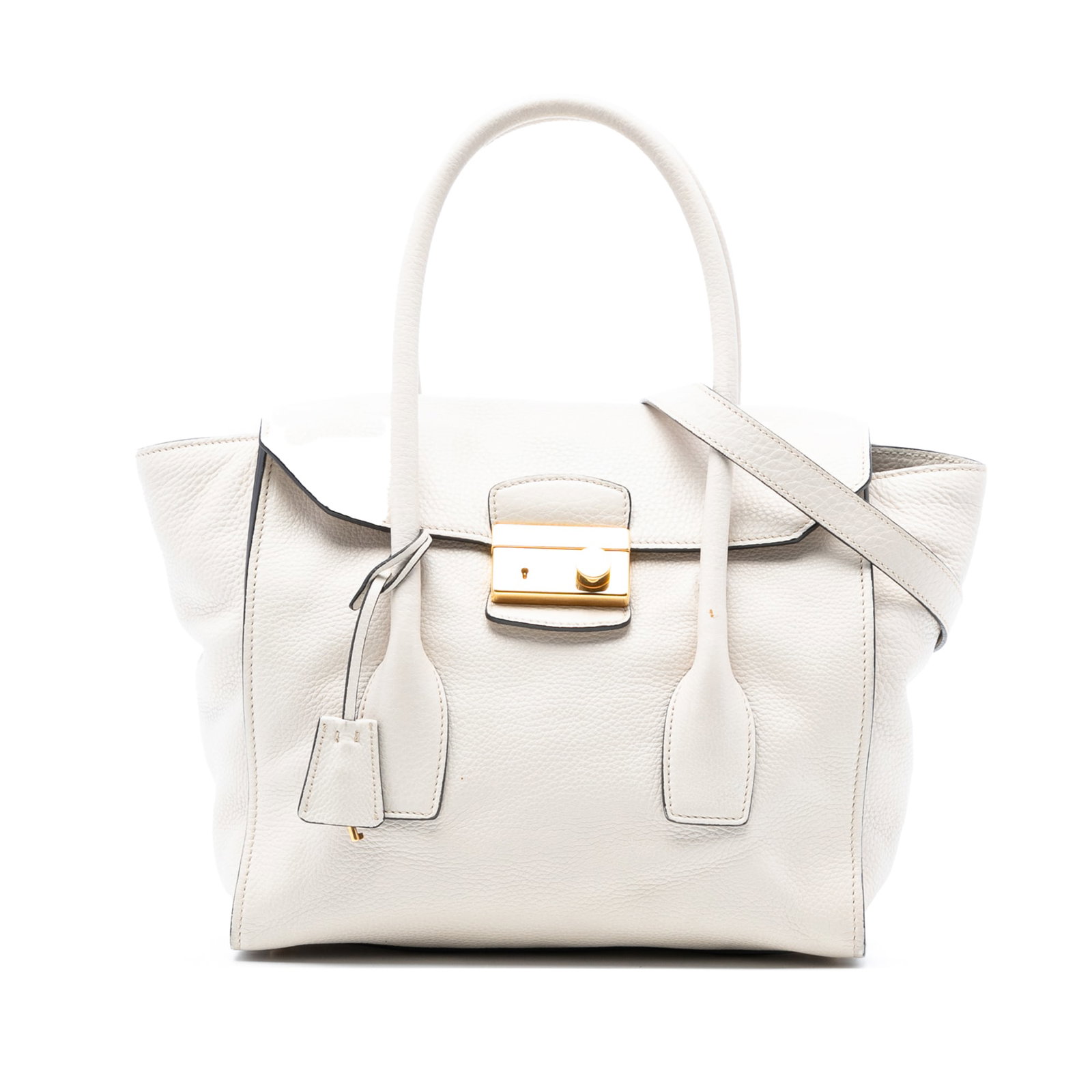 Prada Vitello Daino Sound Lock Satchel White Leather Bag: Prada Vitello Daino Sound Lock Satchel White Leather Bag Introducing the Prada Vitello Daino Sound Lock Satchel, an exquisite embodiment of Italian craftsmanship. This stylish satchel is crafted from 
