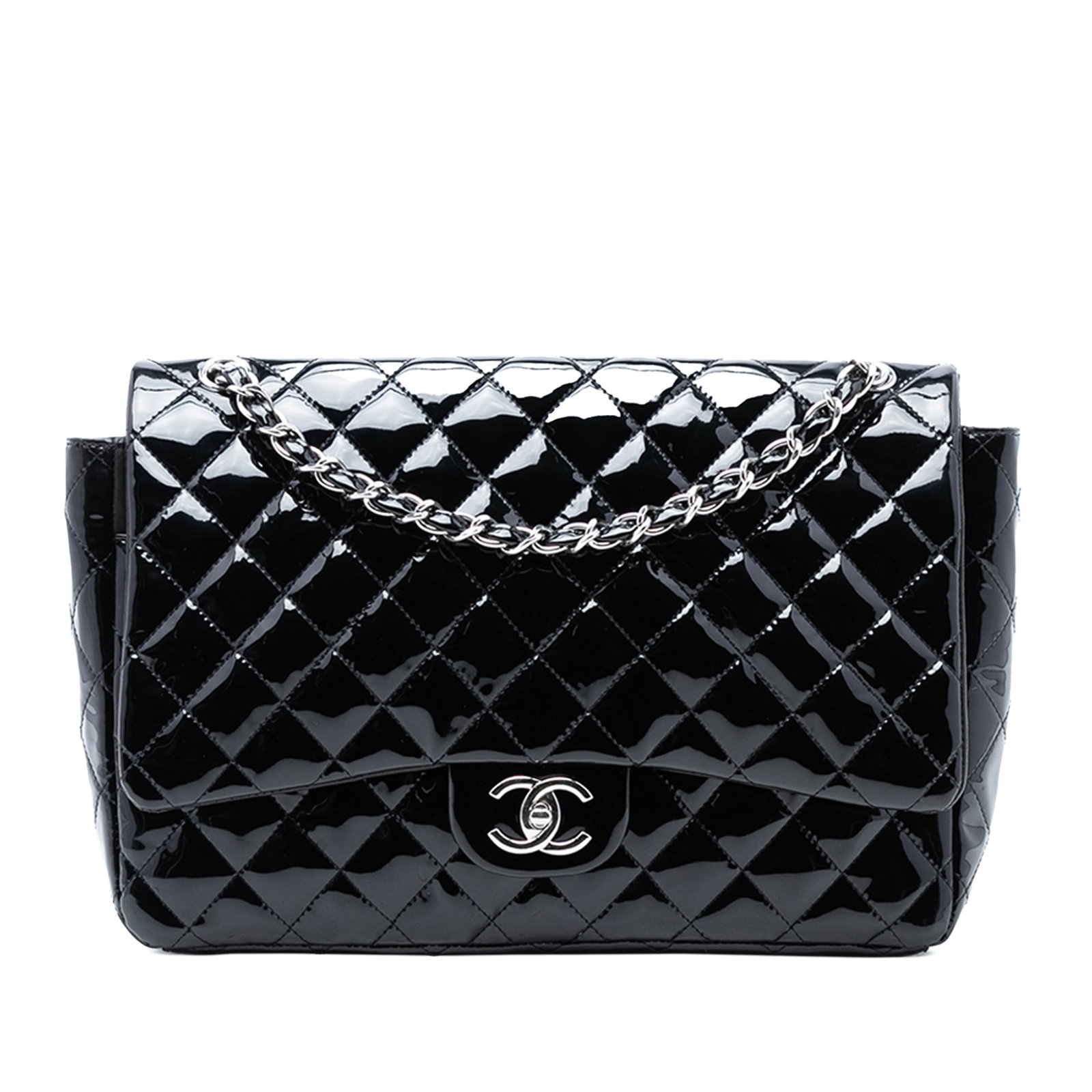 Black Chanel Maxi Patent Leather Double Flap Shoulder Bag with Chain Strap: Black Chanel Maxi Patent Leather Double Flap Shoulder Bag with Chain Strap This Chanel Maxi Classic Patent Double Flap shoulder bag features a quilted patent leather exterior in black, leather-woven c