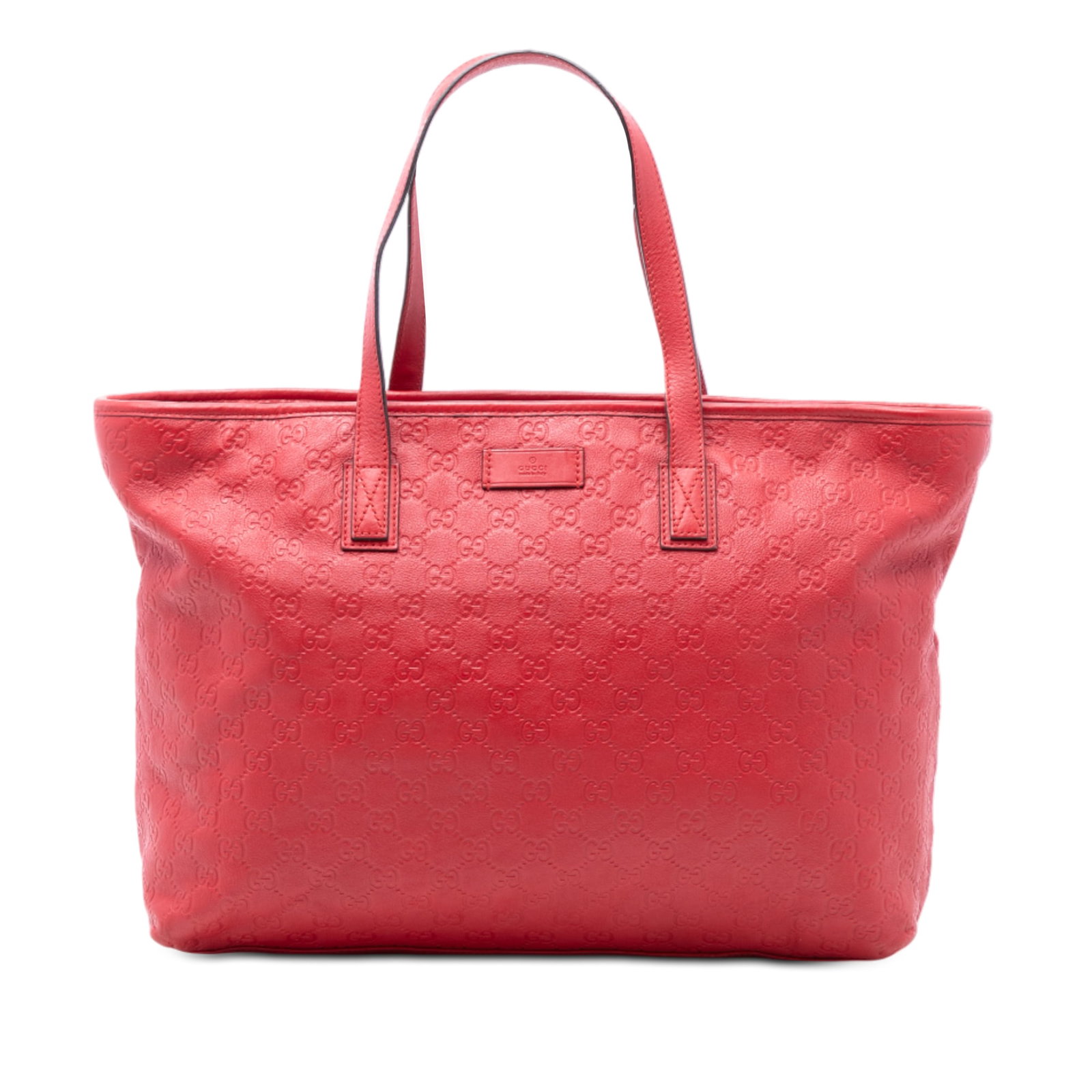 Gucci Red Embossed Leather Guccissima Large Tote Bag with Zip Closure: Gucci Red Embossed Leather Guccissima Large Tote Bag with Zip Closure This Gucci Large Guccissima Tote features an embossed leather body in red with flat leather handles, a top zip closure, and interi