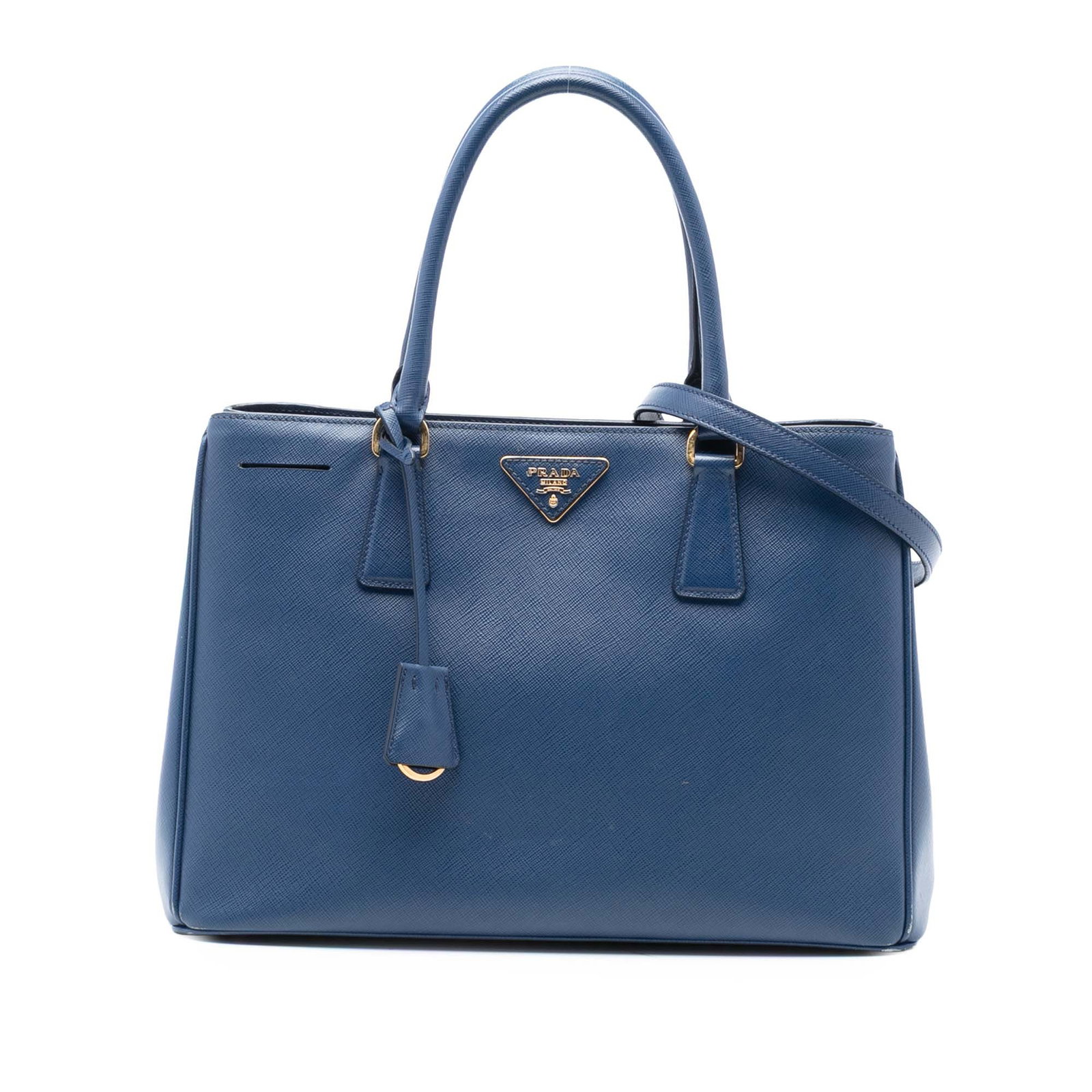 Prada Blue Saffiano Leather Medium Galleria Satchel with Detachable Strap: Prada Blue Saffiano Leather Medium Galleria Satchel with Detachable Strap This Prada Medium Saffiano Lux Galleria Satchel showcases a blue saffiano leather body with rolled handles and a detachable fl