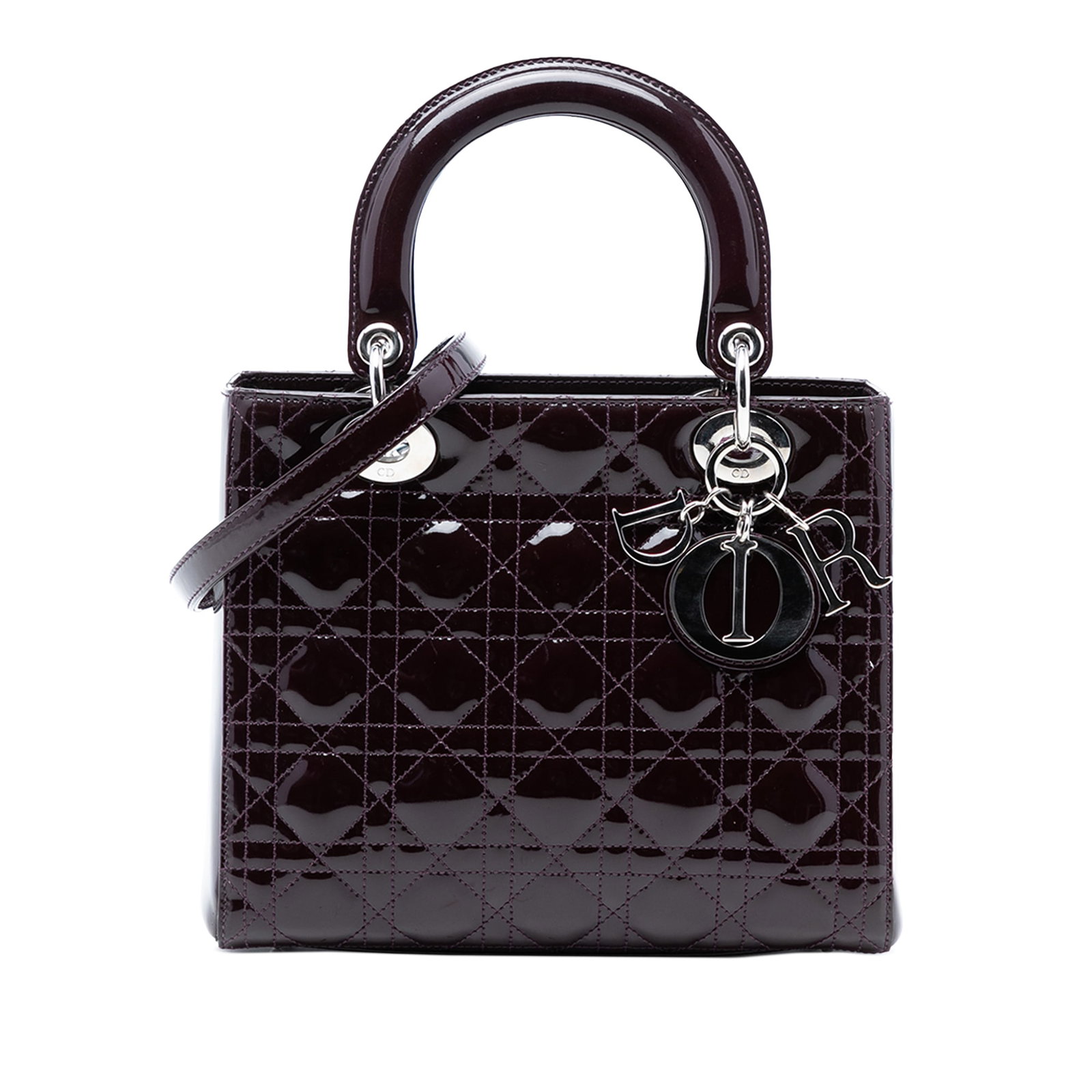 Dior Lady Dior Medium Purple Patent Cannage Quilted Leather Handbag: Dior Lady Dior Medium Purple Patent Cannage Quilted Leather Handbag This Lady Dior Medium handbag features a quilted patent leather exterior in purple, flat leather top handles, a detachable flat leat