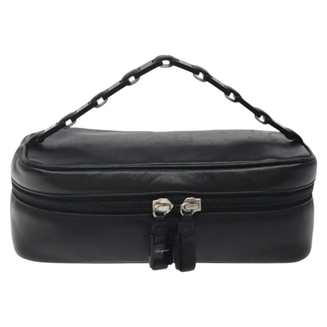 Black Leather Vala Clutch by Salvatore Ferragamo Unisex: Black Leather Vala Clutch by Salvatore Ferragamo Unisex This Salvatore Ferragamo Vala clutch bag is crafted from black leather and designed for unisex use. Made in Italy, it features a sleek silhouett